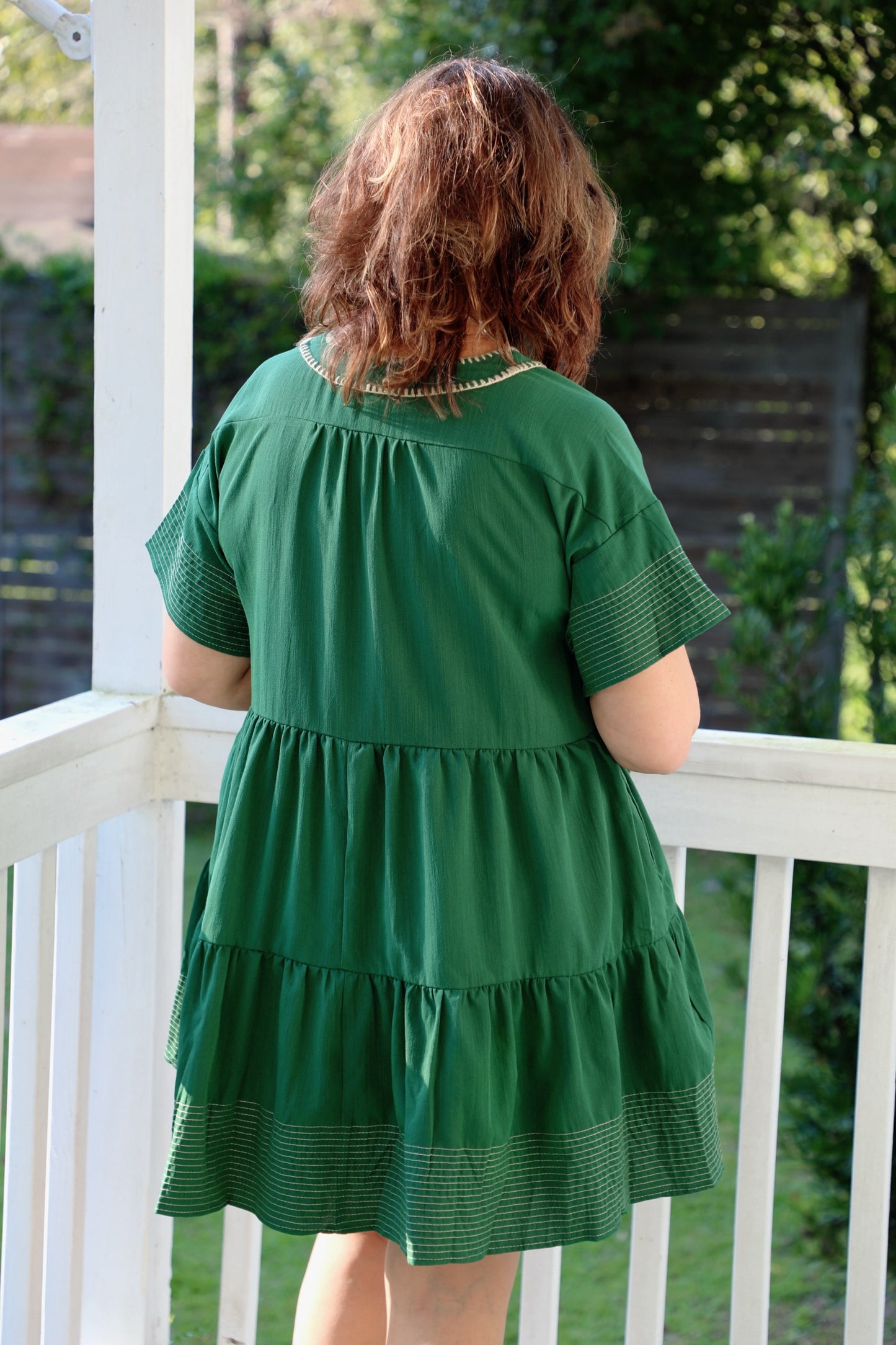 Green Tiered Dress With Tan Trim