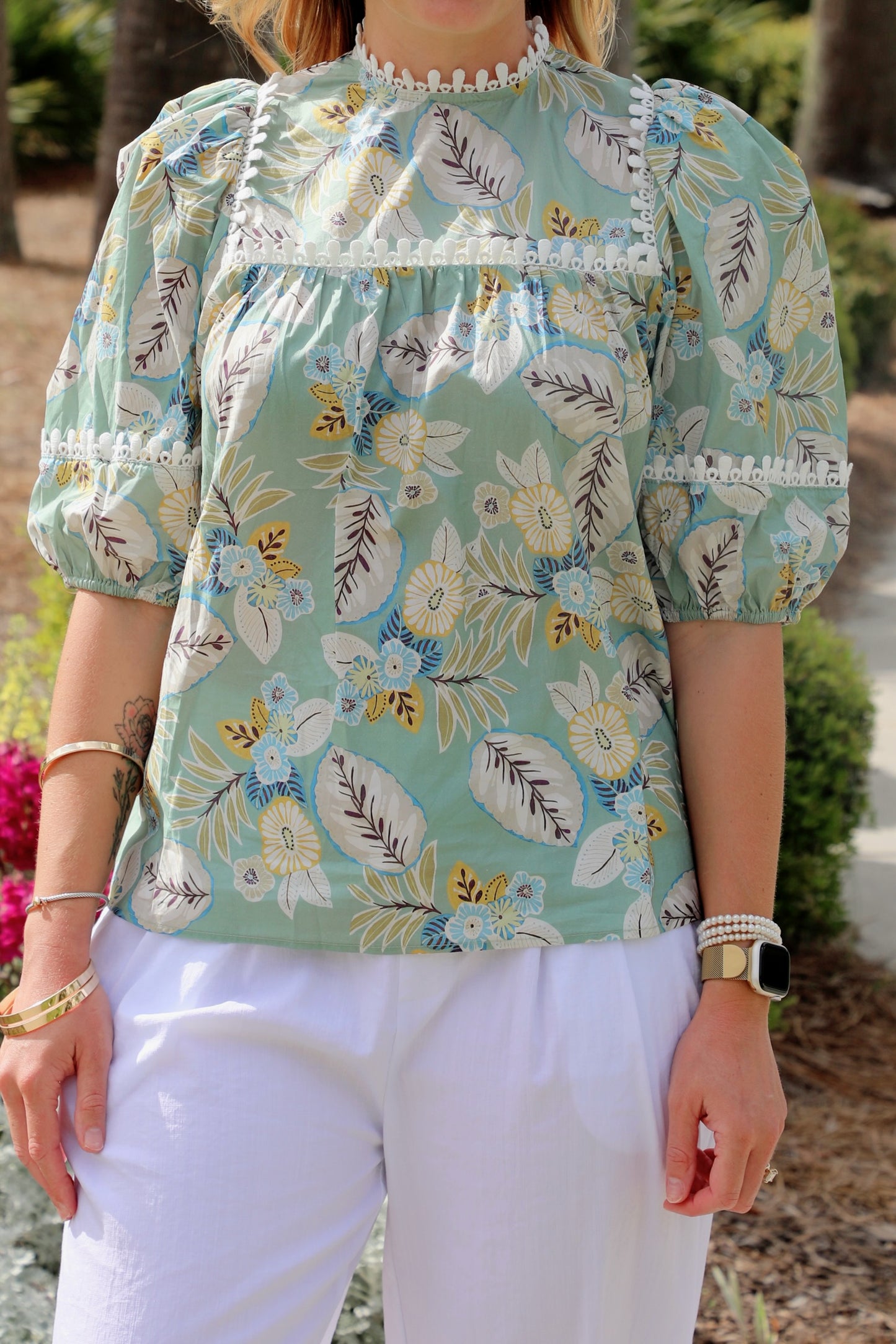Balloon Sleeve Top with High Round Neck and Trim Details