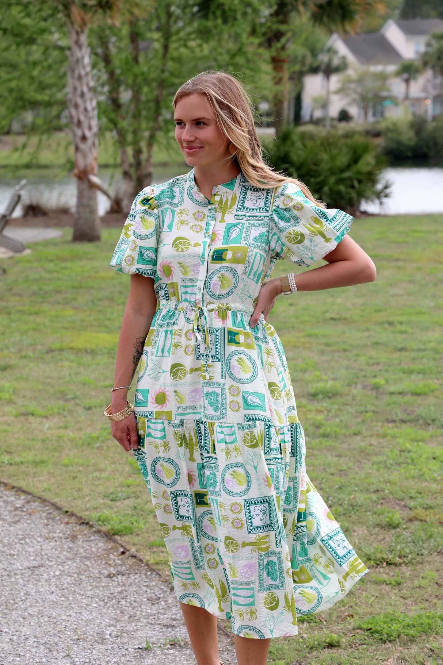 Printed Short Puff Sleeve Midi Dress with a Waist Tie