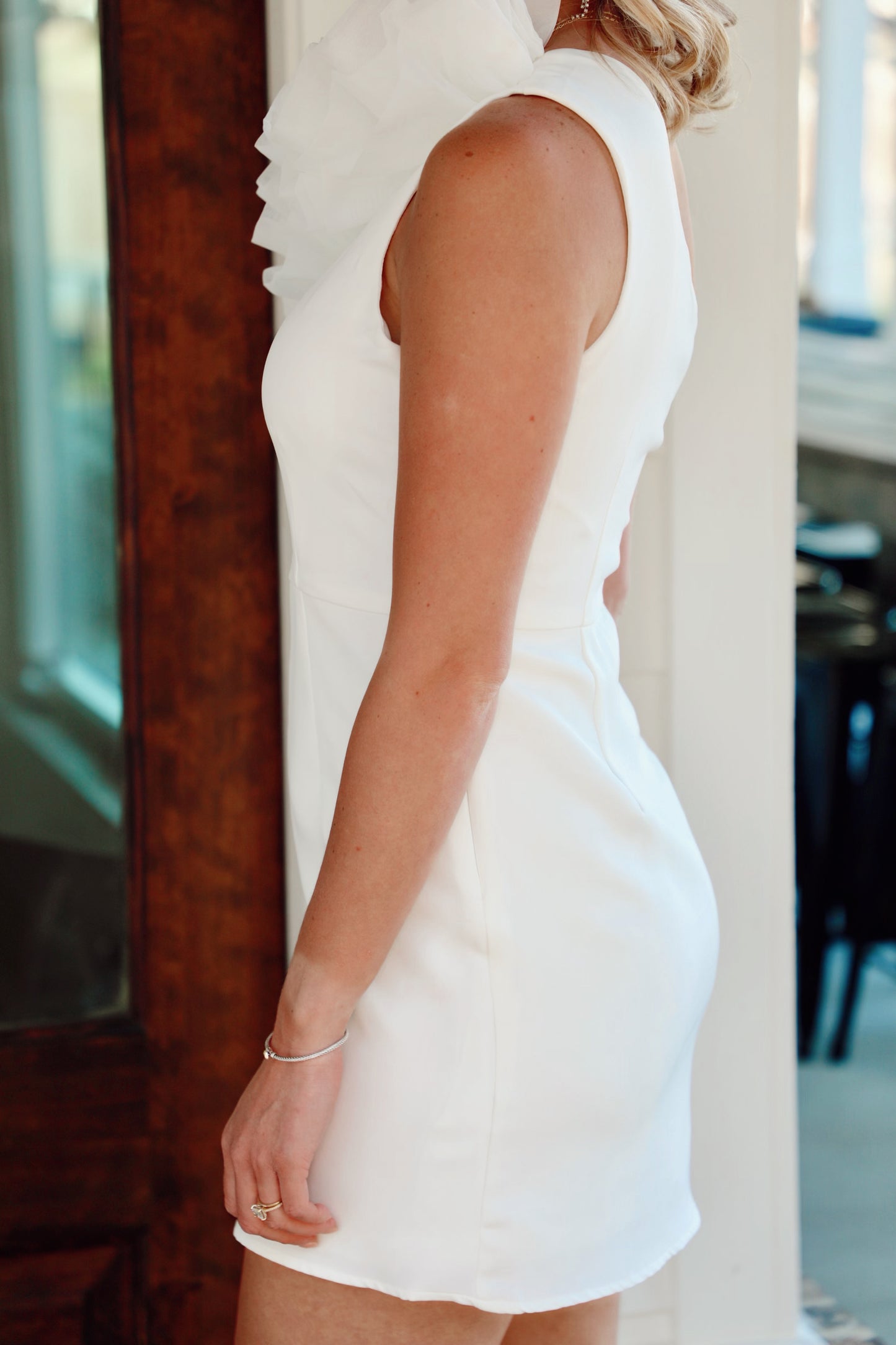 One Shoulder Ruffled Neckline Mini Dress