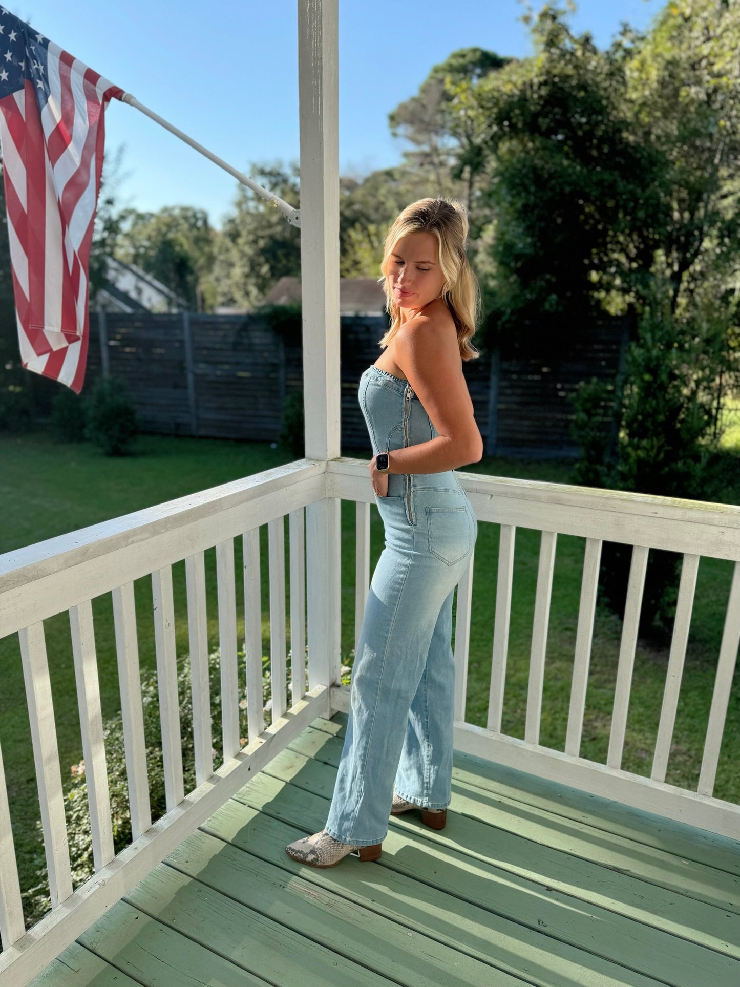 Strapless Denim Straight-Leg Jumpsuit