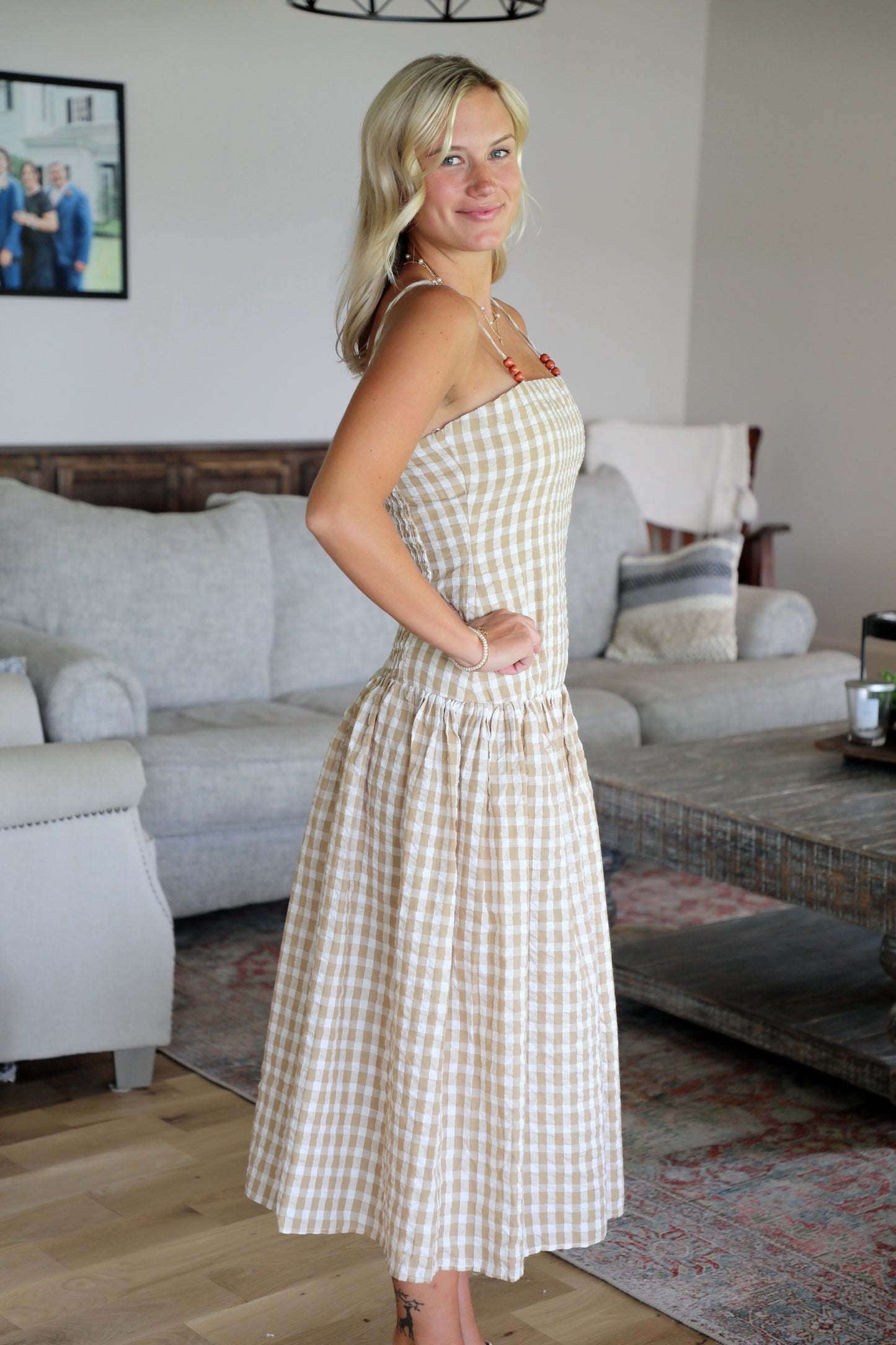 Gingham Print Midi Dress with Wooden Bead Detail
