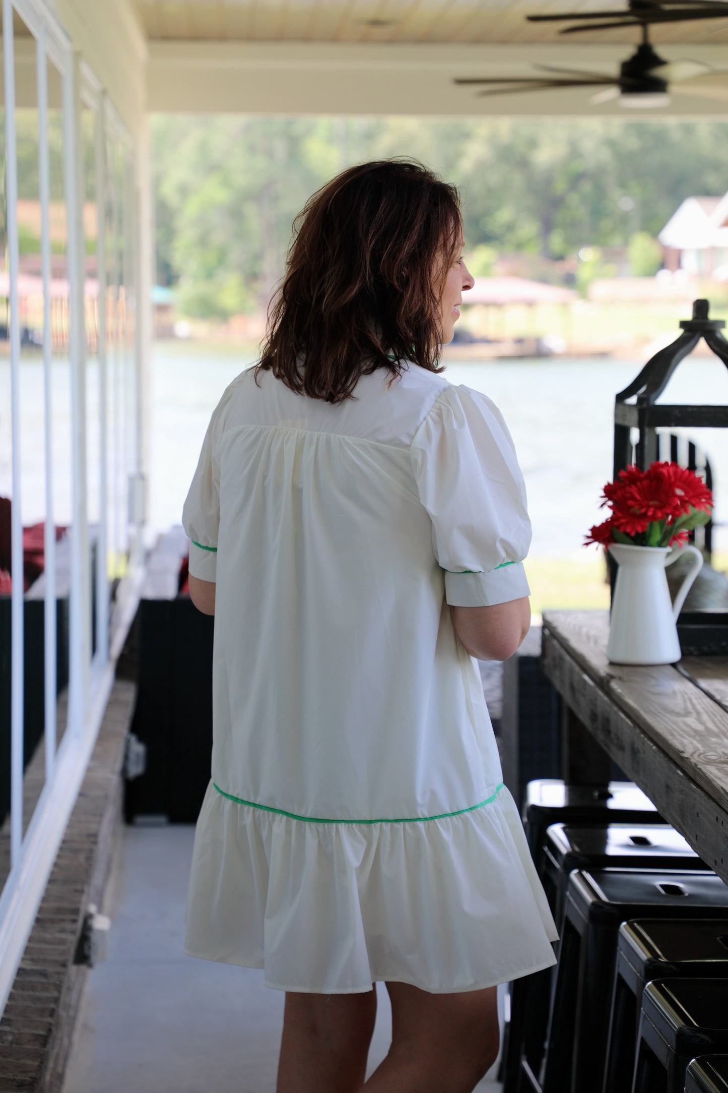 Solid Short Sleeve High Neck Mini Dress Featuring Font Button Up Detail