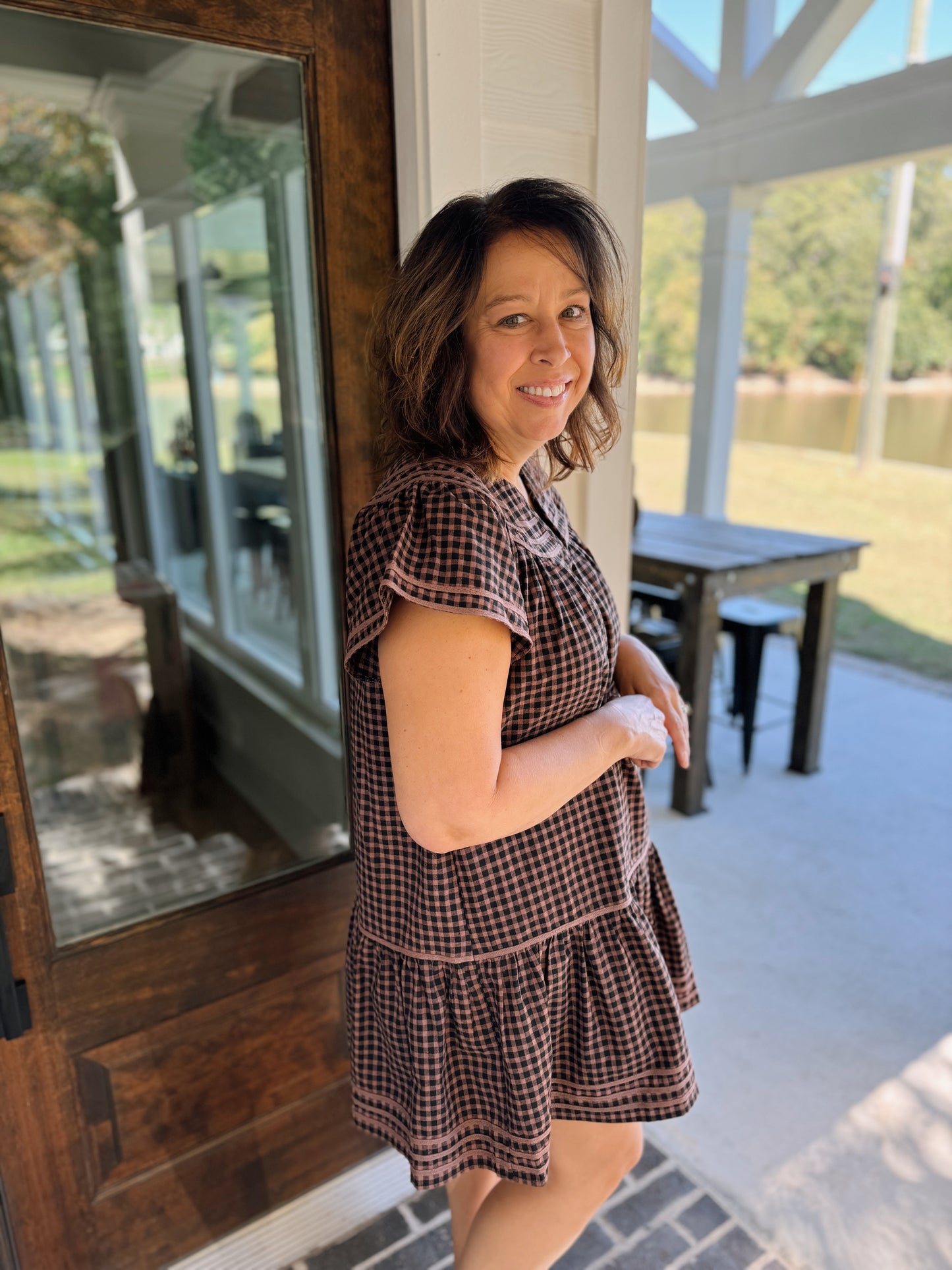 Trimmed Round V Neck Gingham Mini Dress