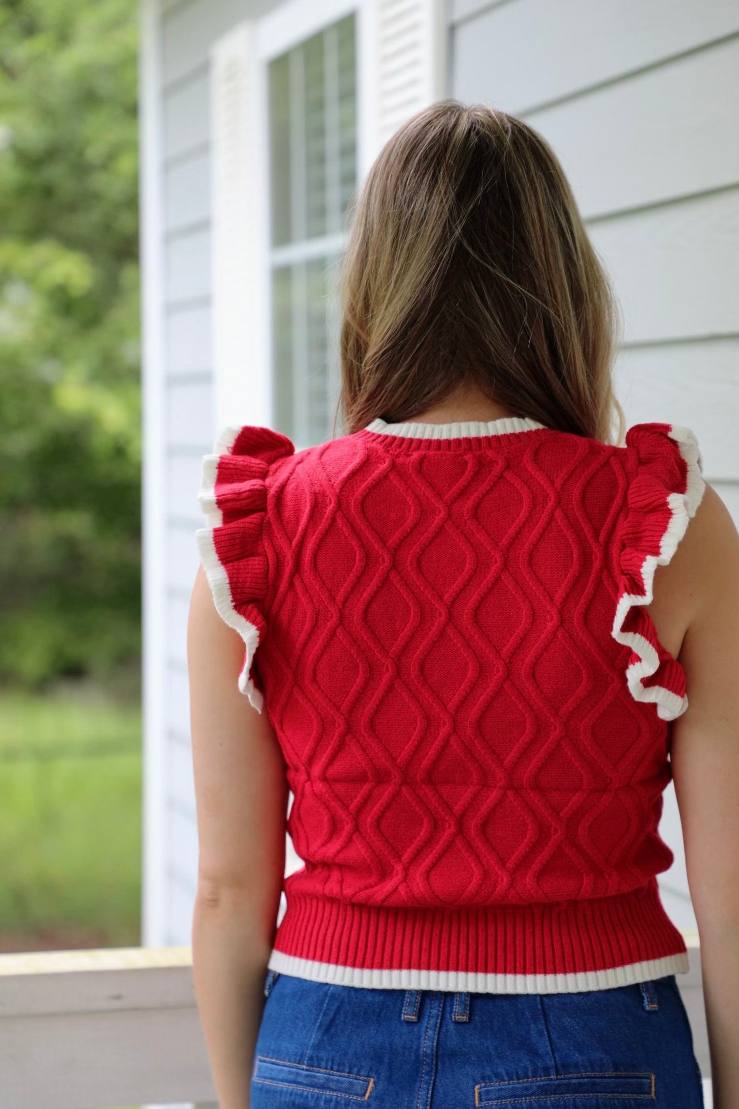 Game Day Ruffle Sleeve Cable Sweater Top