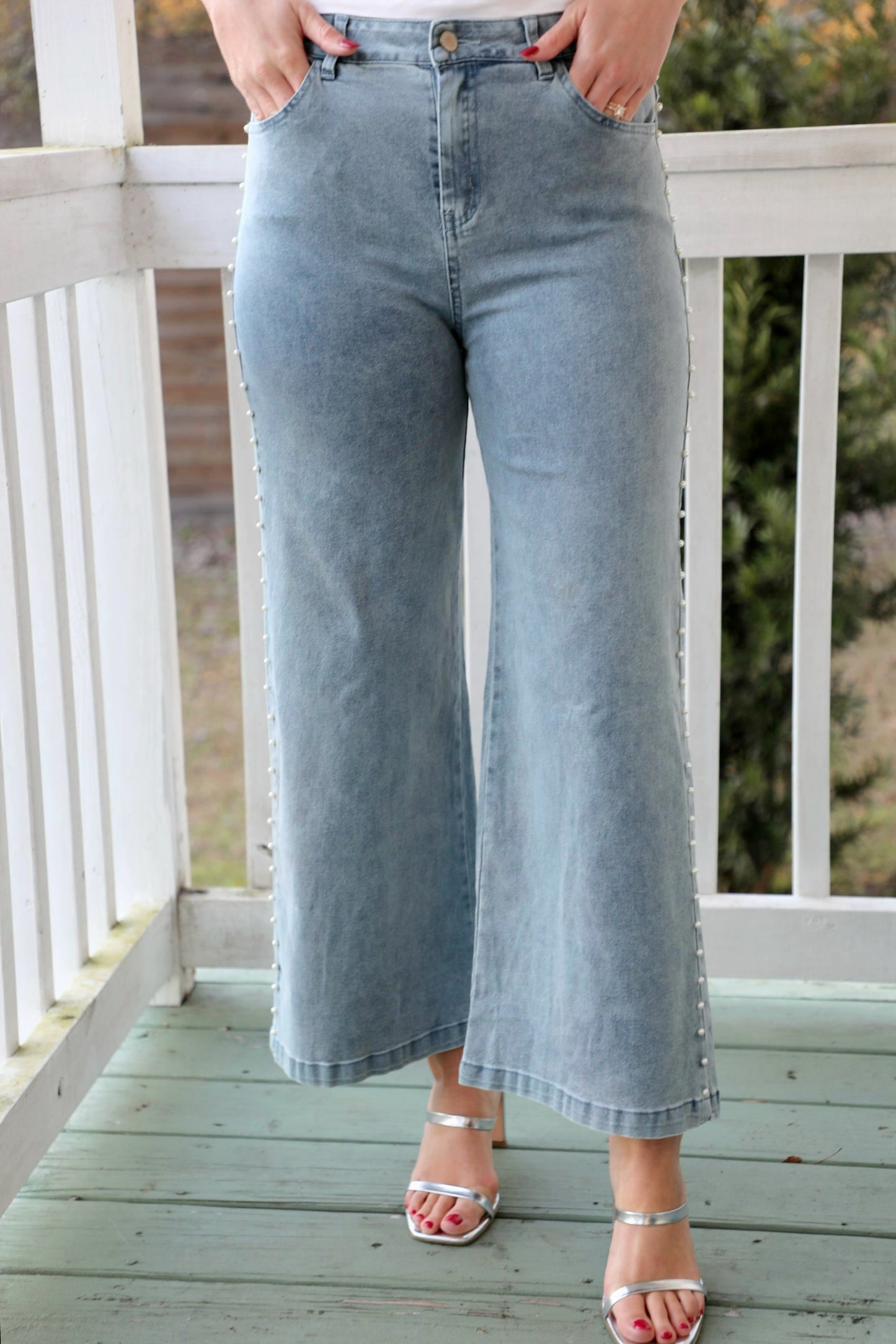 High Waisted Denim Jeans with Pearls