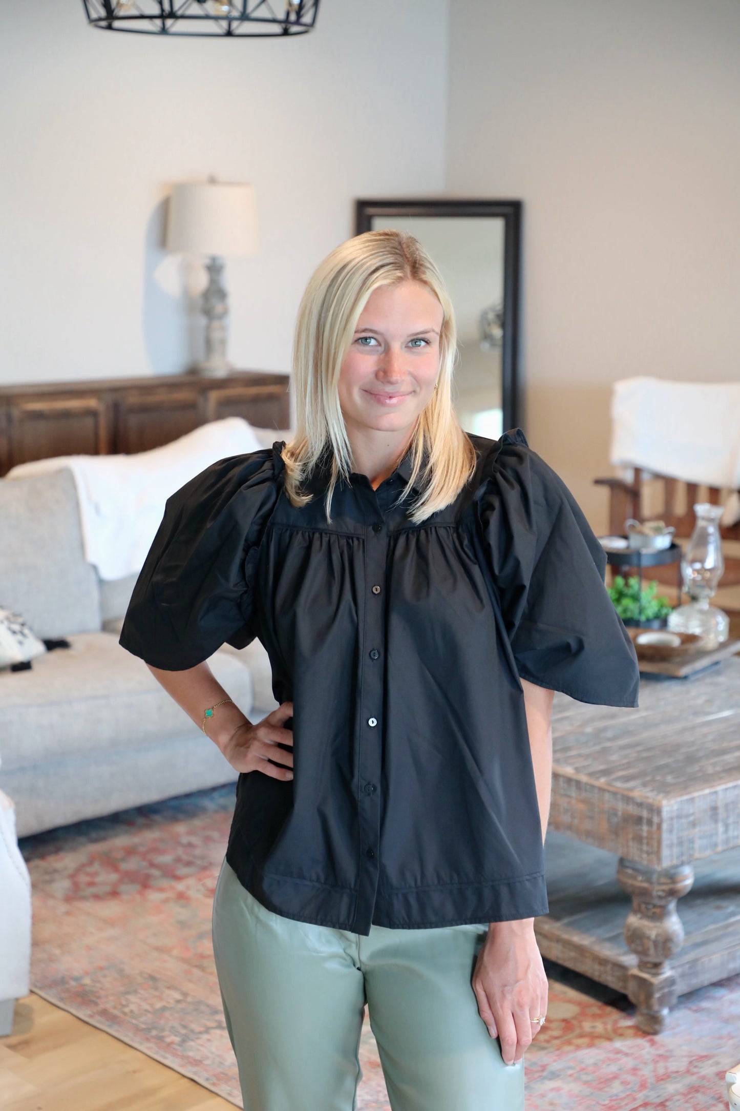 Solid Button Up Half Sleeve Top