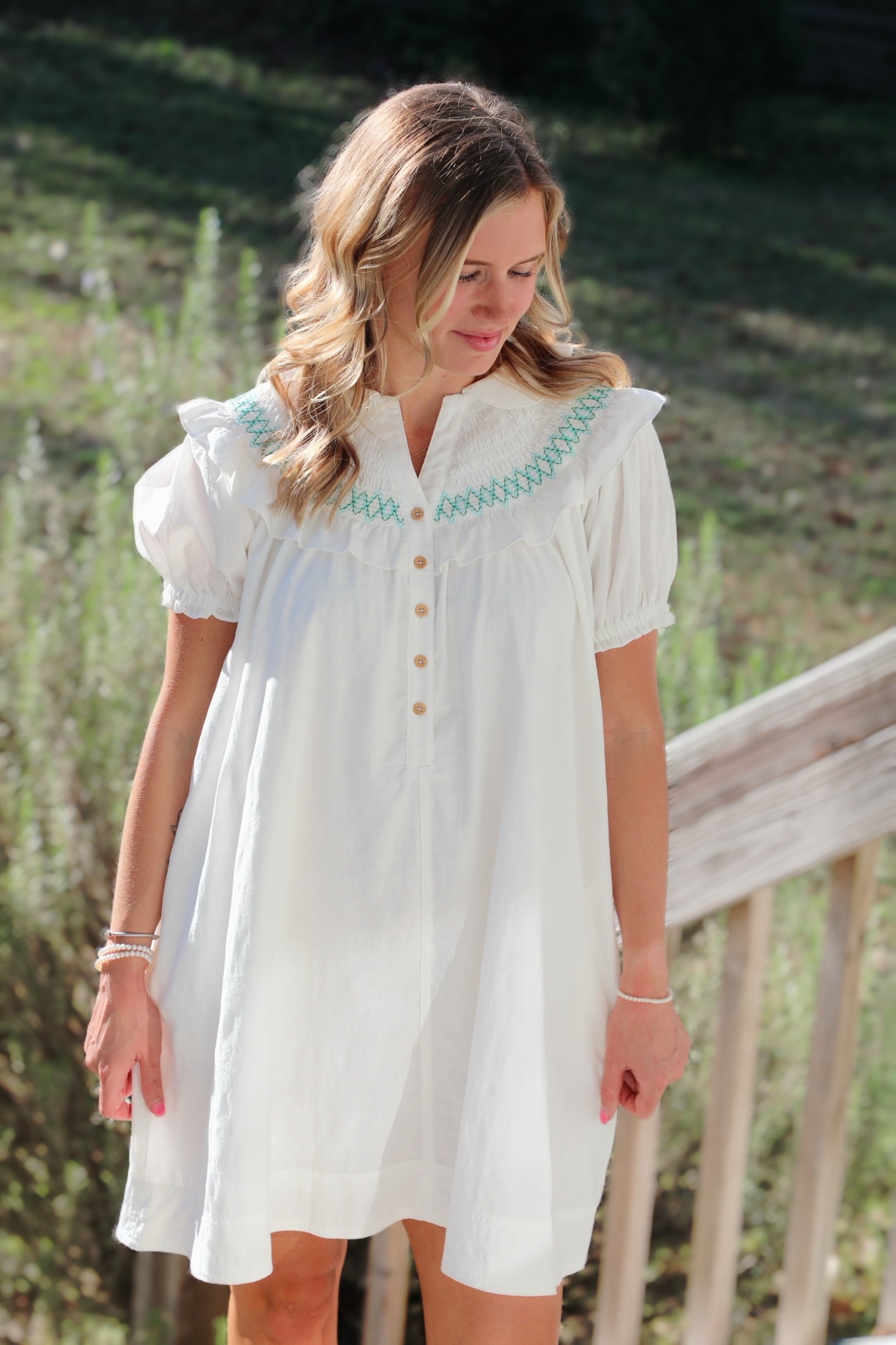Short Puff Sleeve Peter Pan Collar Mini Dress with Embroidered Smocking and Ruffle Details White / Medium Short Puff Sleeve Peter Pan Collar Mini Dress with Embroidered Smocking and Ruffle Details White / Medium