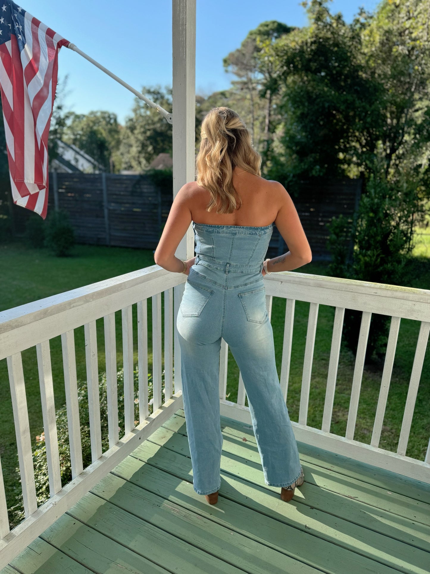 Strapless Denim Straight-Leg Jumpsuit
