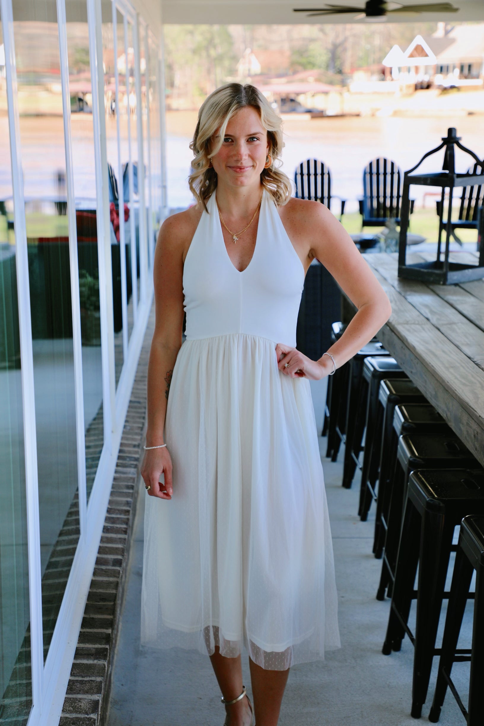 Solid Knit Halter Neck and Tulle Layered Midi Dress Off White / Small Solid Knit Halter Neck and Tulle Layered Midi Dress Off White / Small