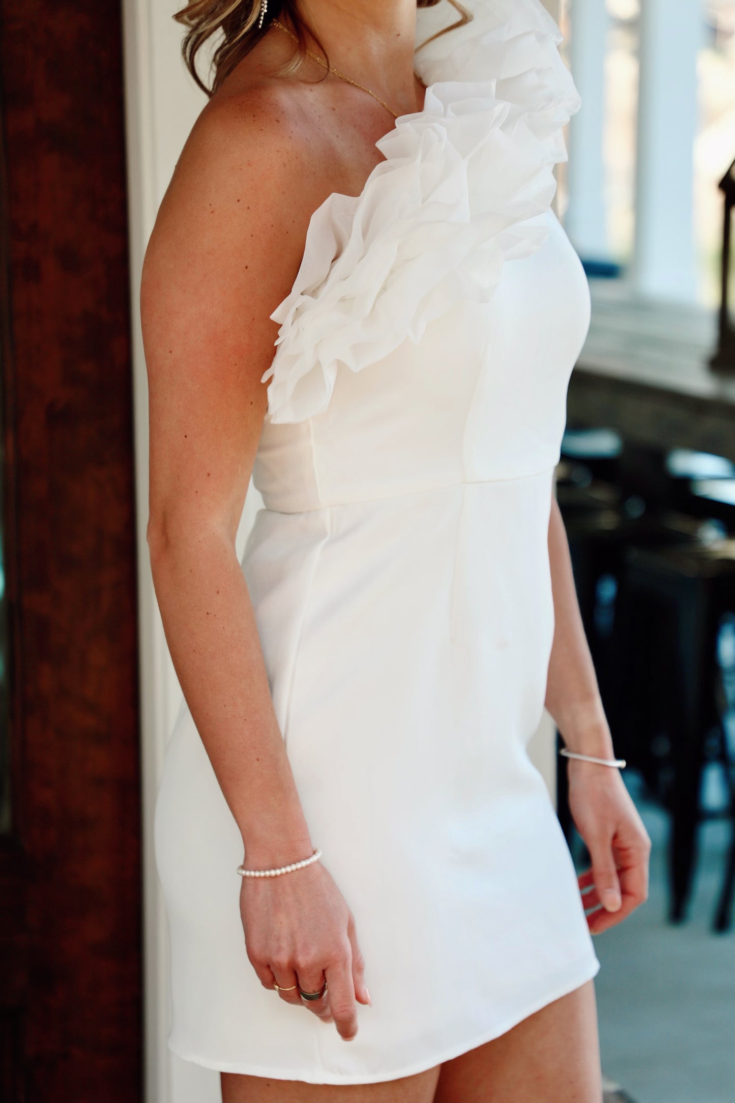One Shoulder Ruffled Neckline Mini Dress