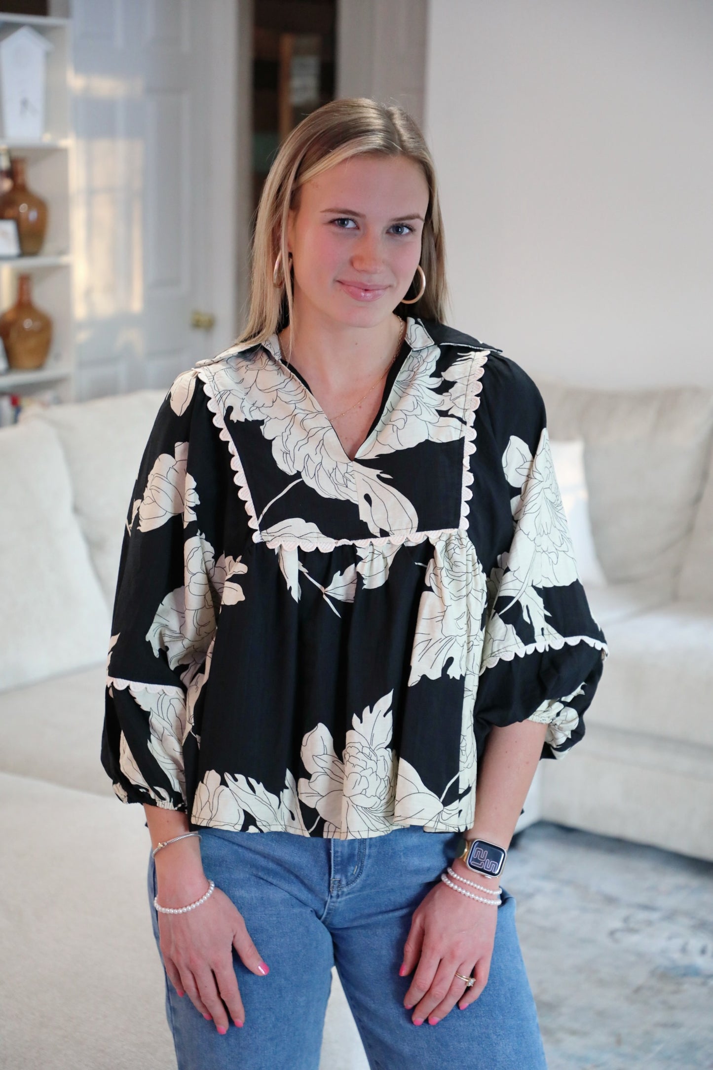 Black Floral Print V Neck Top