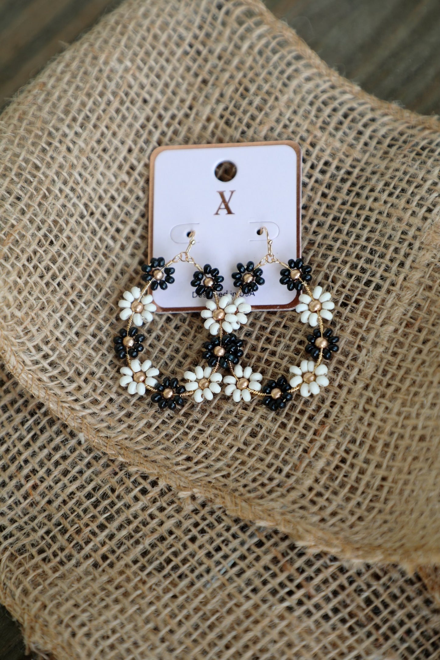 Gold Dangle Hoop Flower Beaded Earrings
