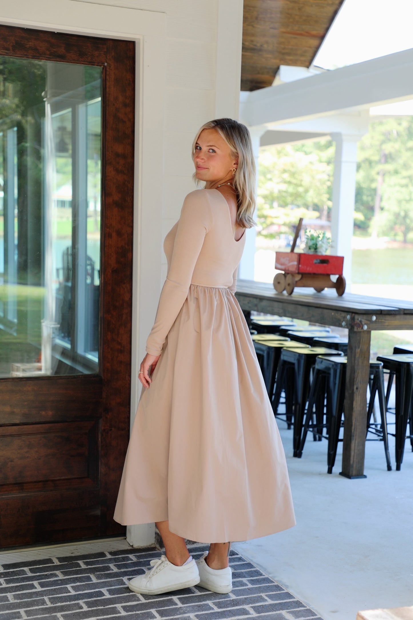 Knit and Satin Long Sleeve Midi Dress