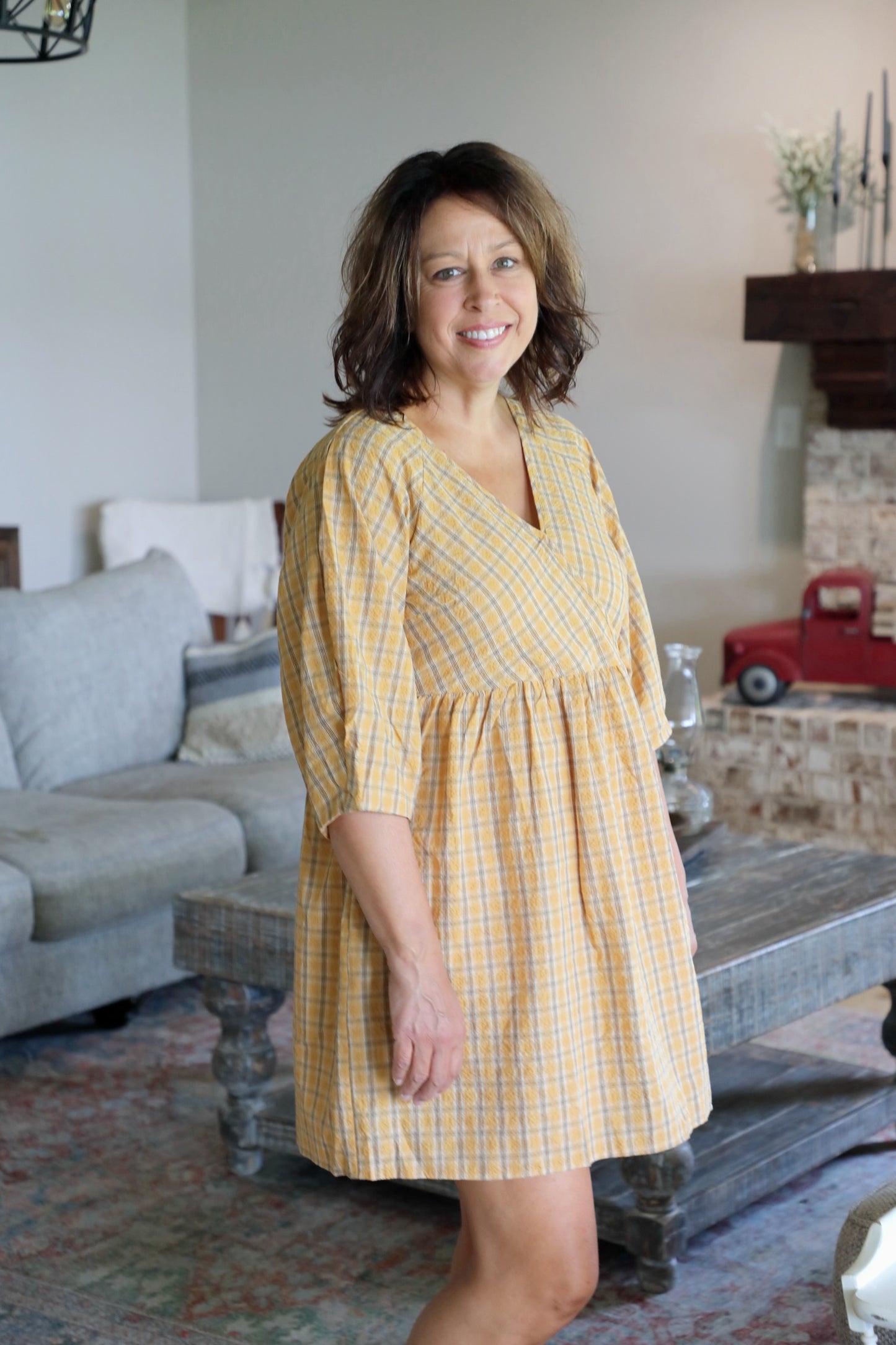 Plaid V-Neck Babydoll Dress