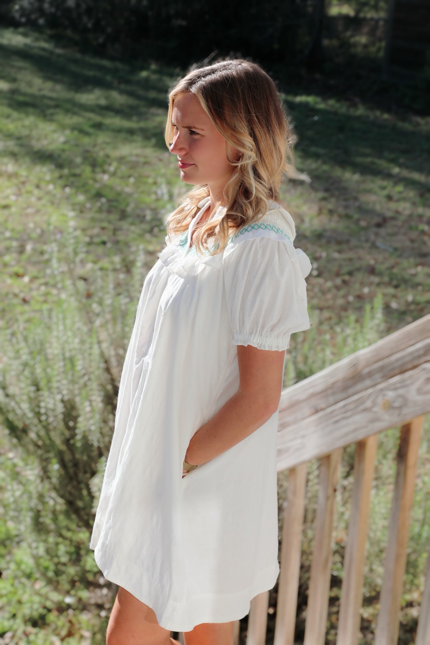 Short Puff Sleeve Peter Pan Collar Mini Dress with Embroidered Smocking and Ruffle Details