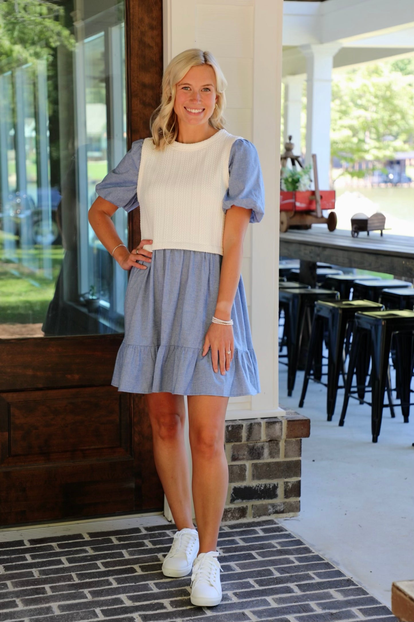 Puff Sleeve Patchwork Pleated Denim Dress
