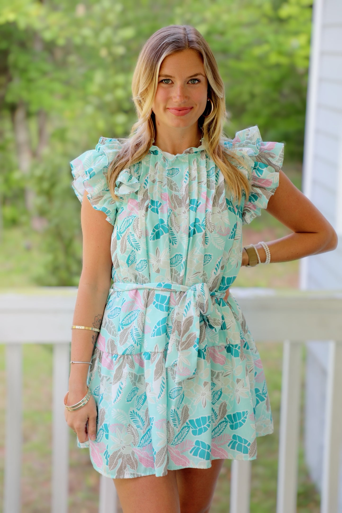 Flutter Sleeve Mini Dress with Waist Tie