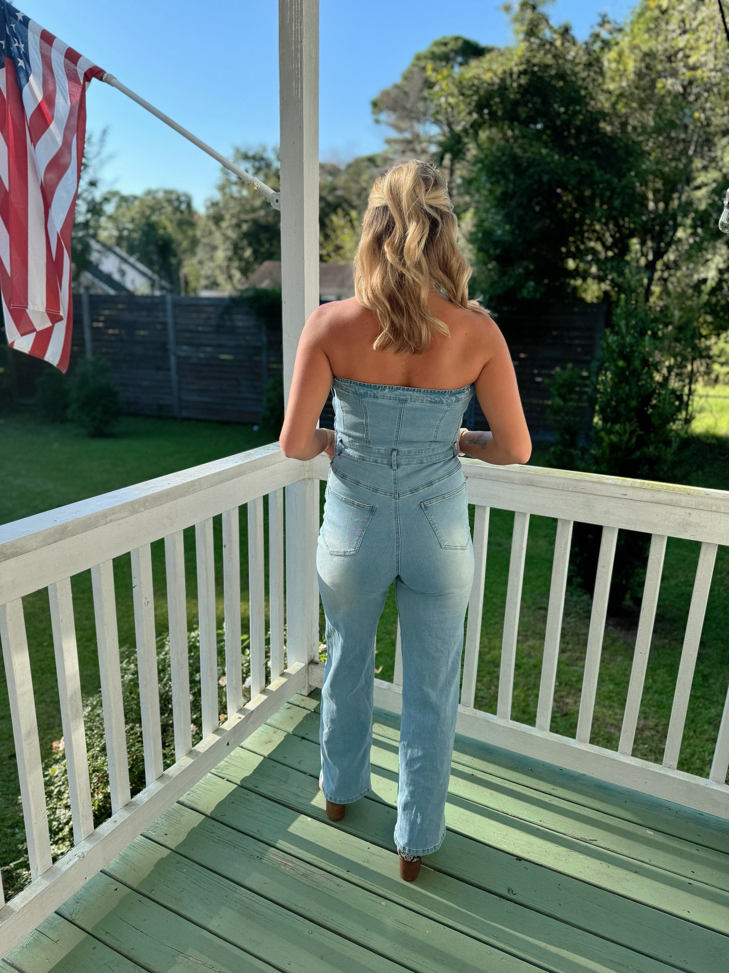 Strapless Denim Straight-Leg Jumpsuit