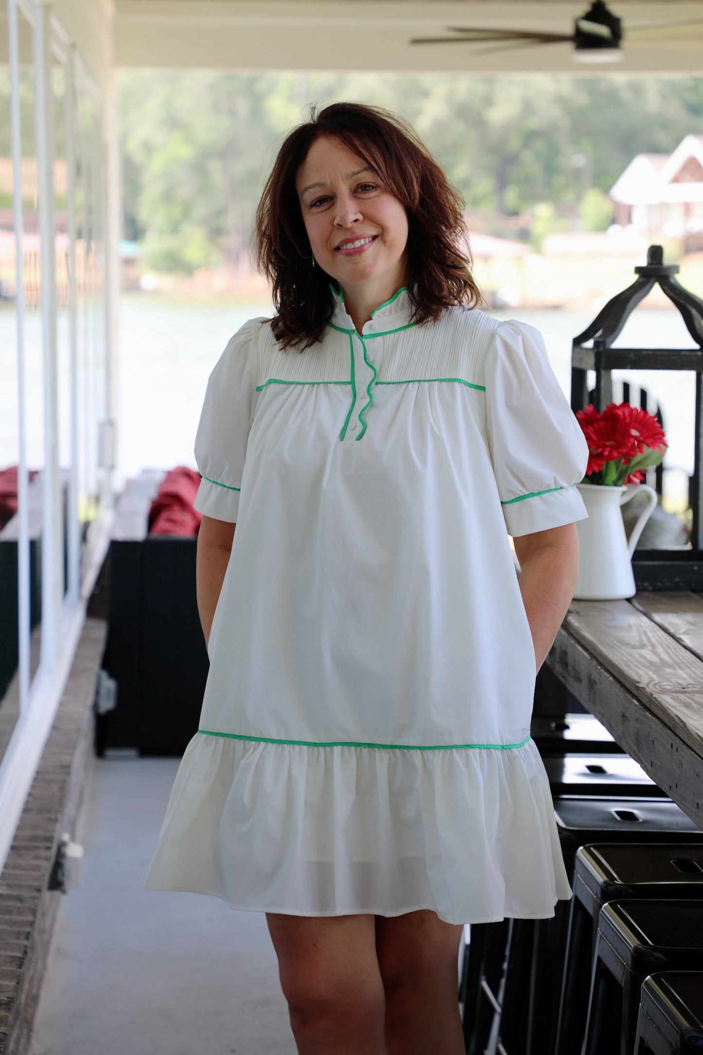 Solid Short Sleeve High Neck Mini Dress Featuring Font Button Up Detail