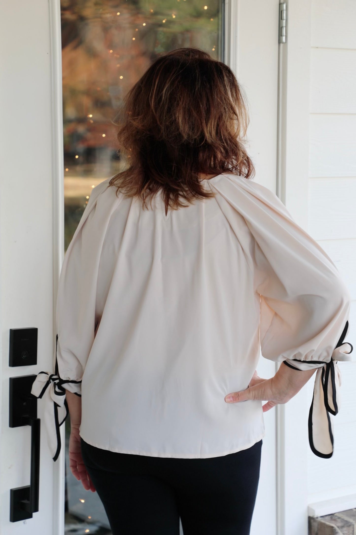 Blouson Top with Puff Sleeves and Ribbon Tie Cuffs