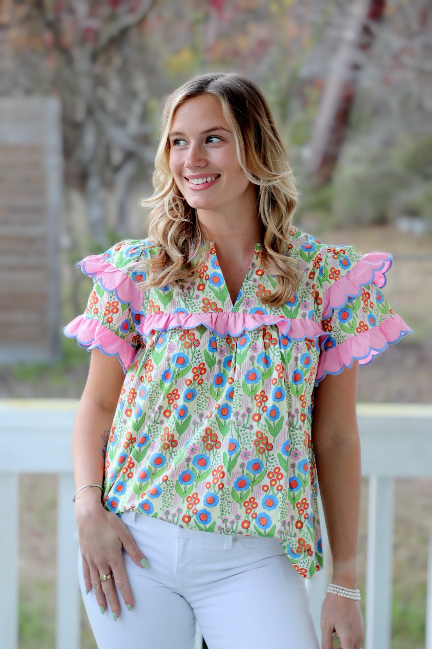 Floral Print V-neck Double Layer Ruffle Short Sleeve Pullover Top Featuring Scallop Trim