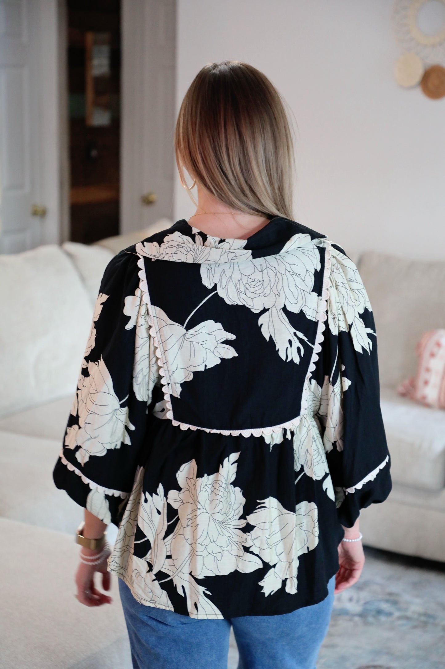 Black Floral Print V Neck Top