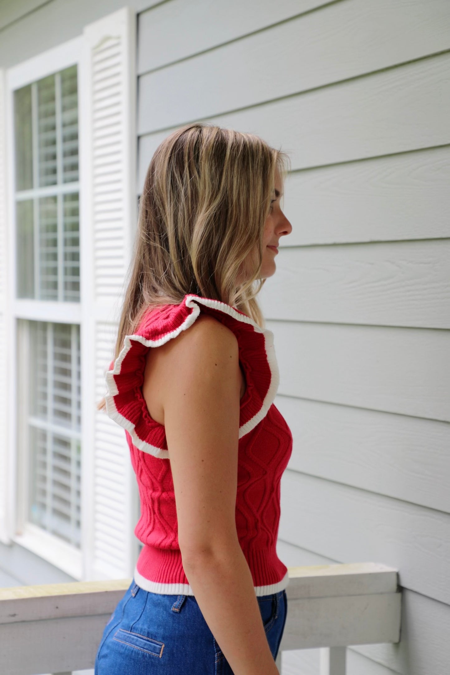 Game Day Ruffle Sleeve Cable Sweater Top