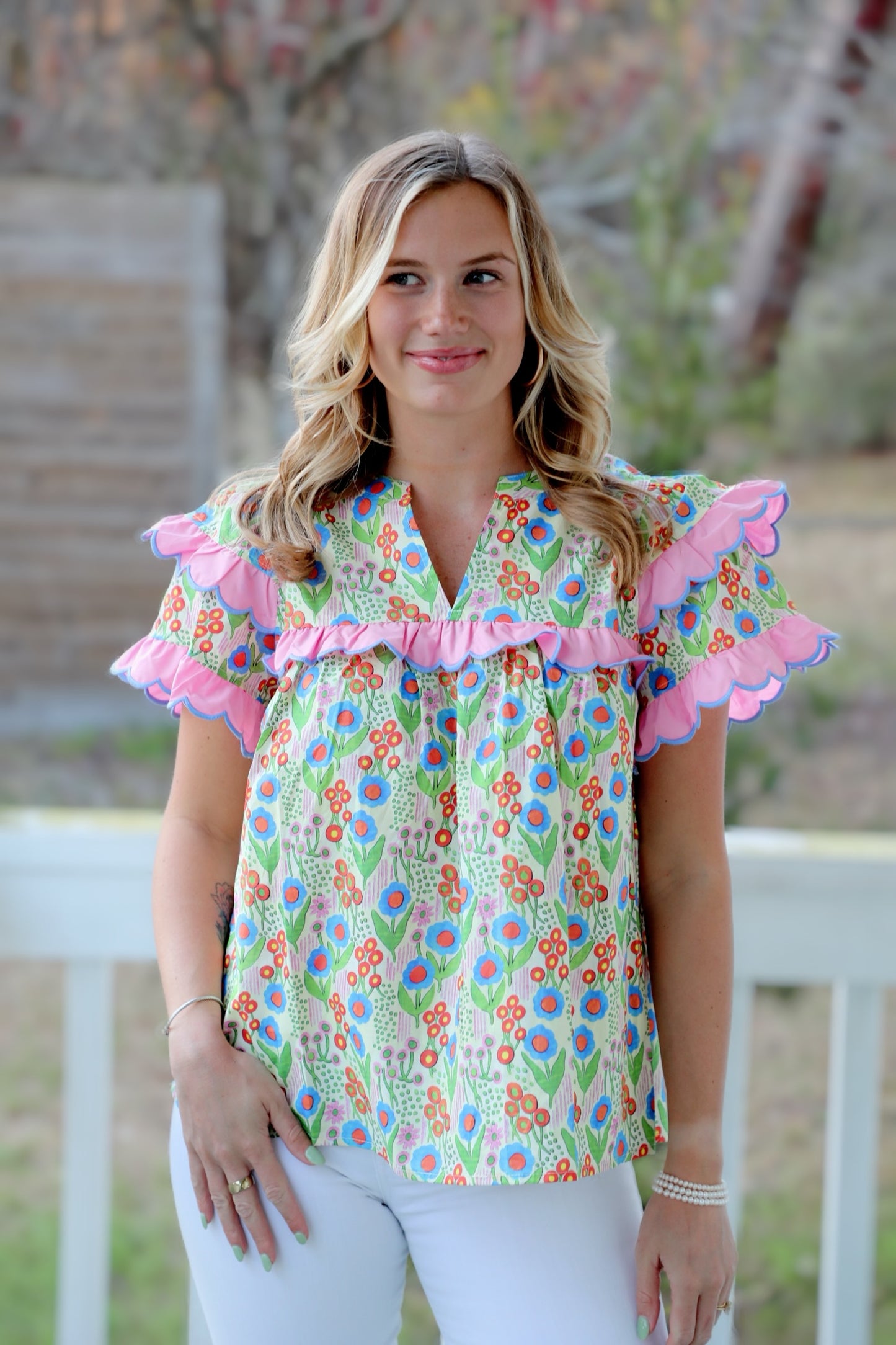 Floral Print V-neck Double Layer Ruffle Short Sleeve Pullover Top Featuring Scallop Trim
