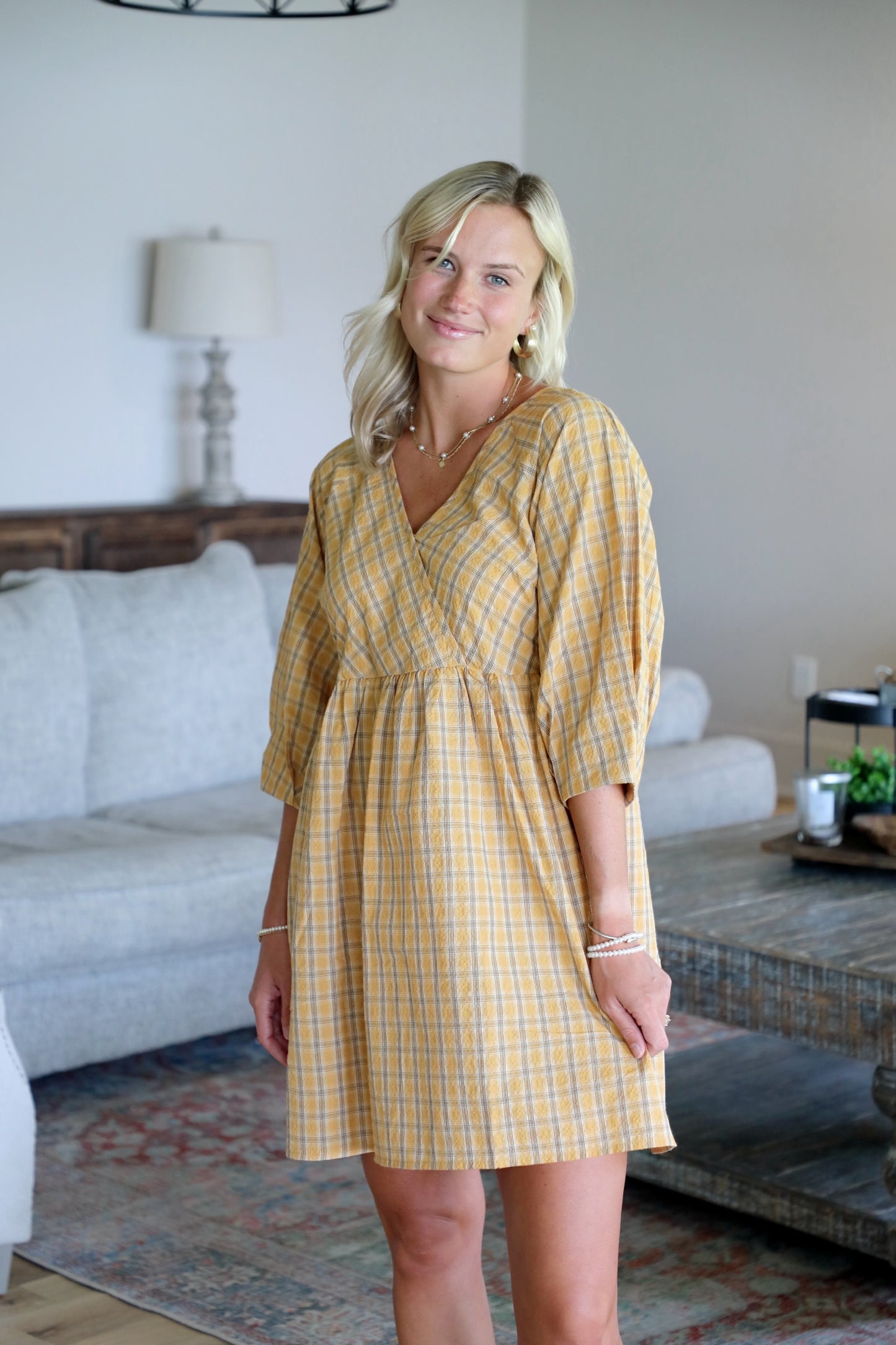 Plaid V-Neck Babydoll Dress
