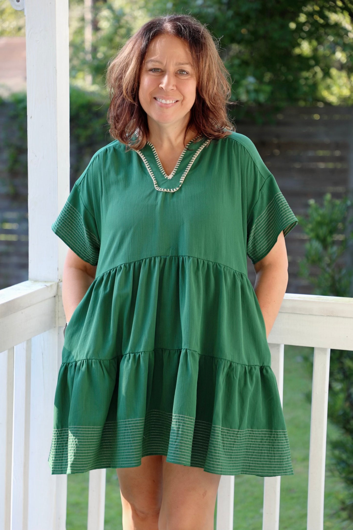 Green Tiered Dress With Tan Trim