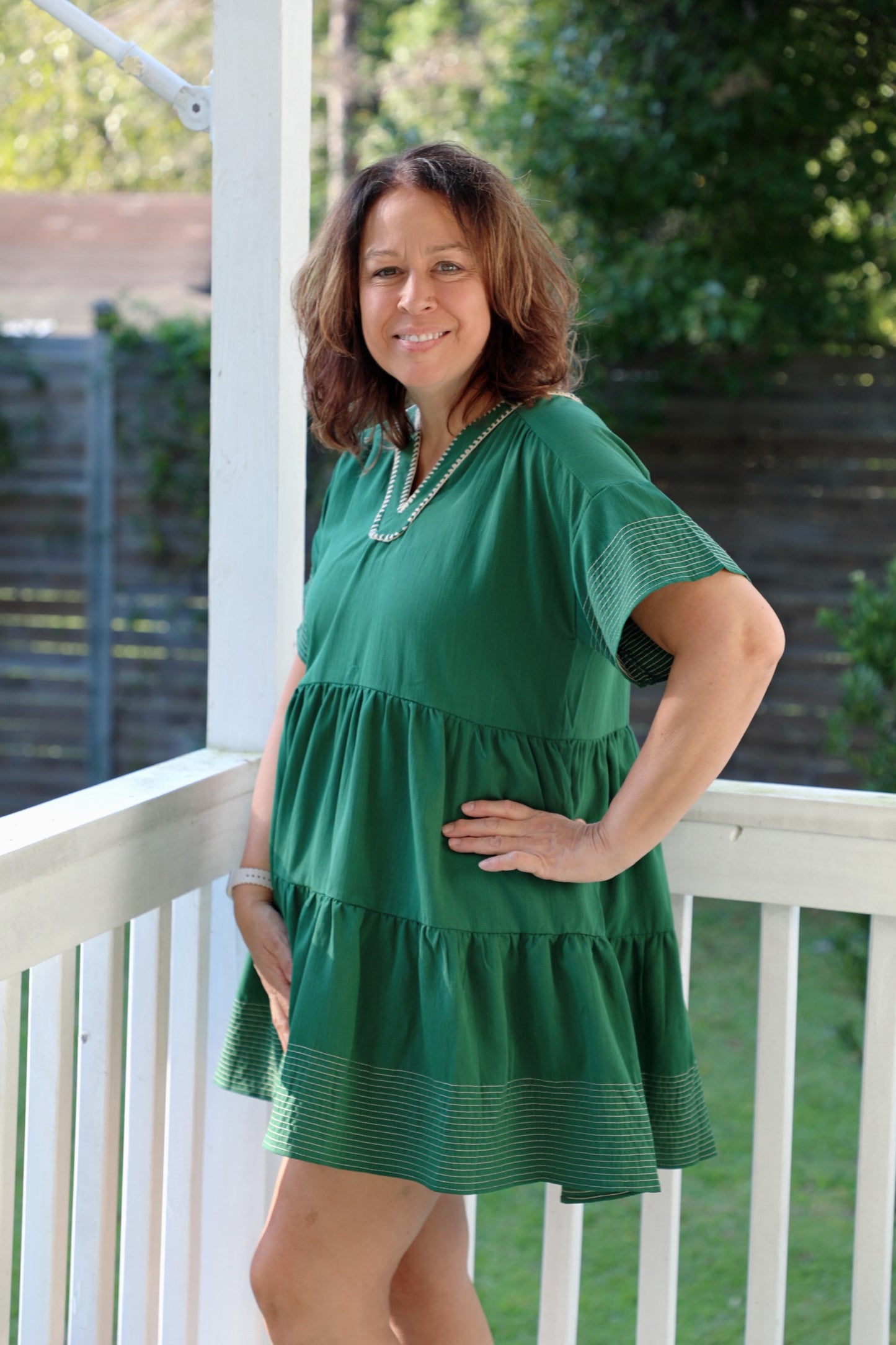 Green Tiered Dress With Tan Trim