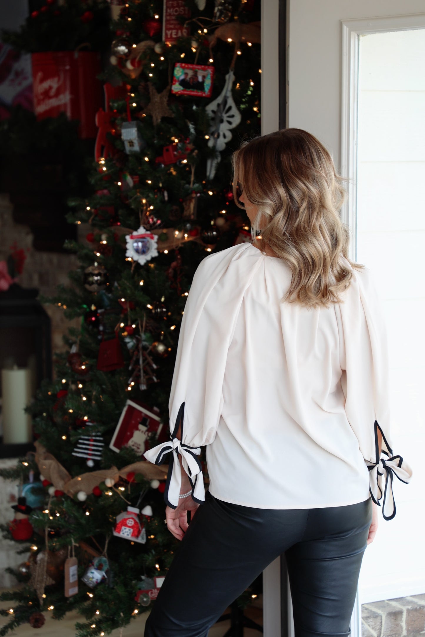 Blouson Top with Puff Sleeves and Ribbon Tie Cuffs