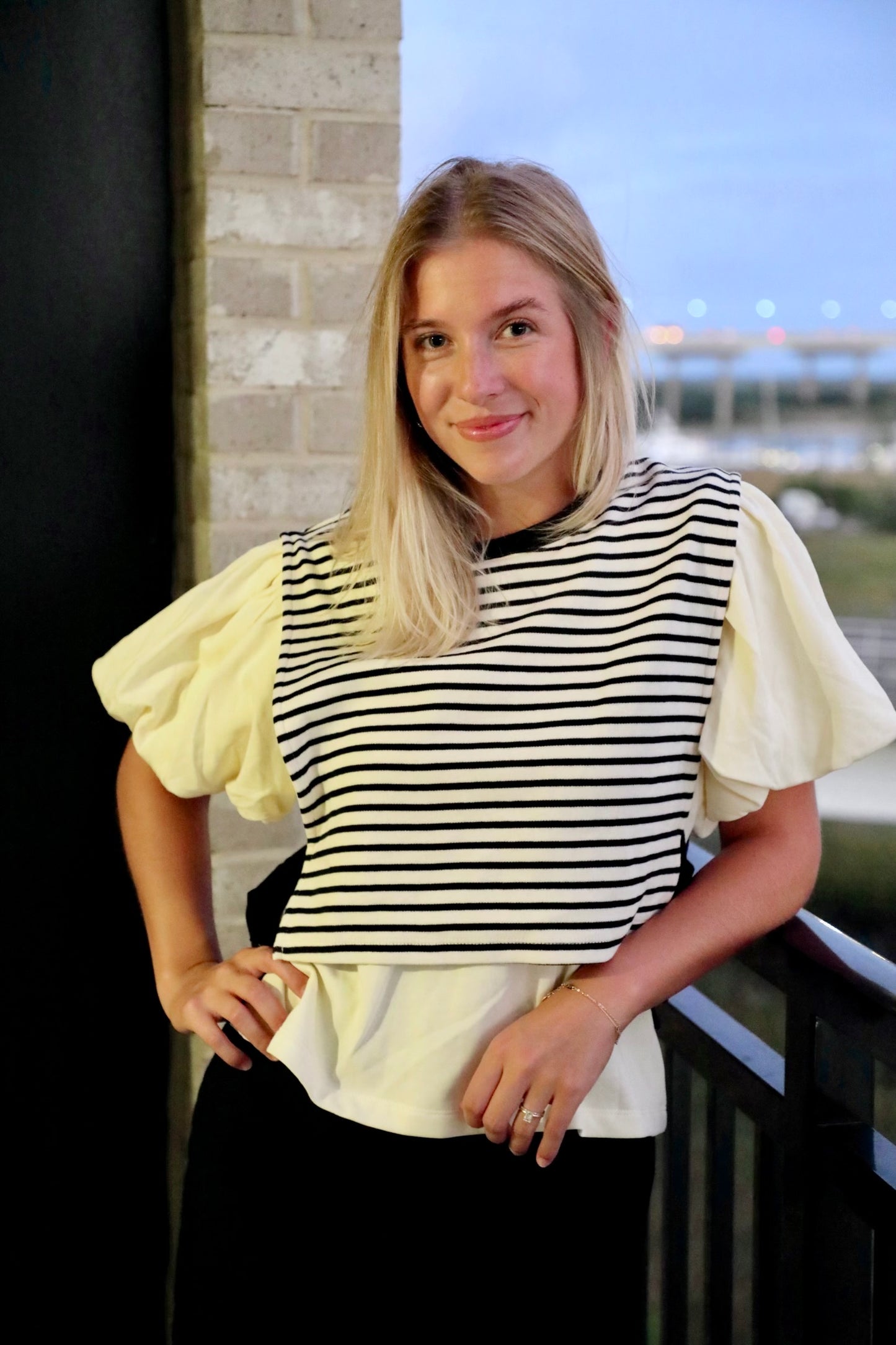 Black And Cream Striped Twofer Knit Top