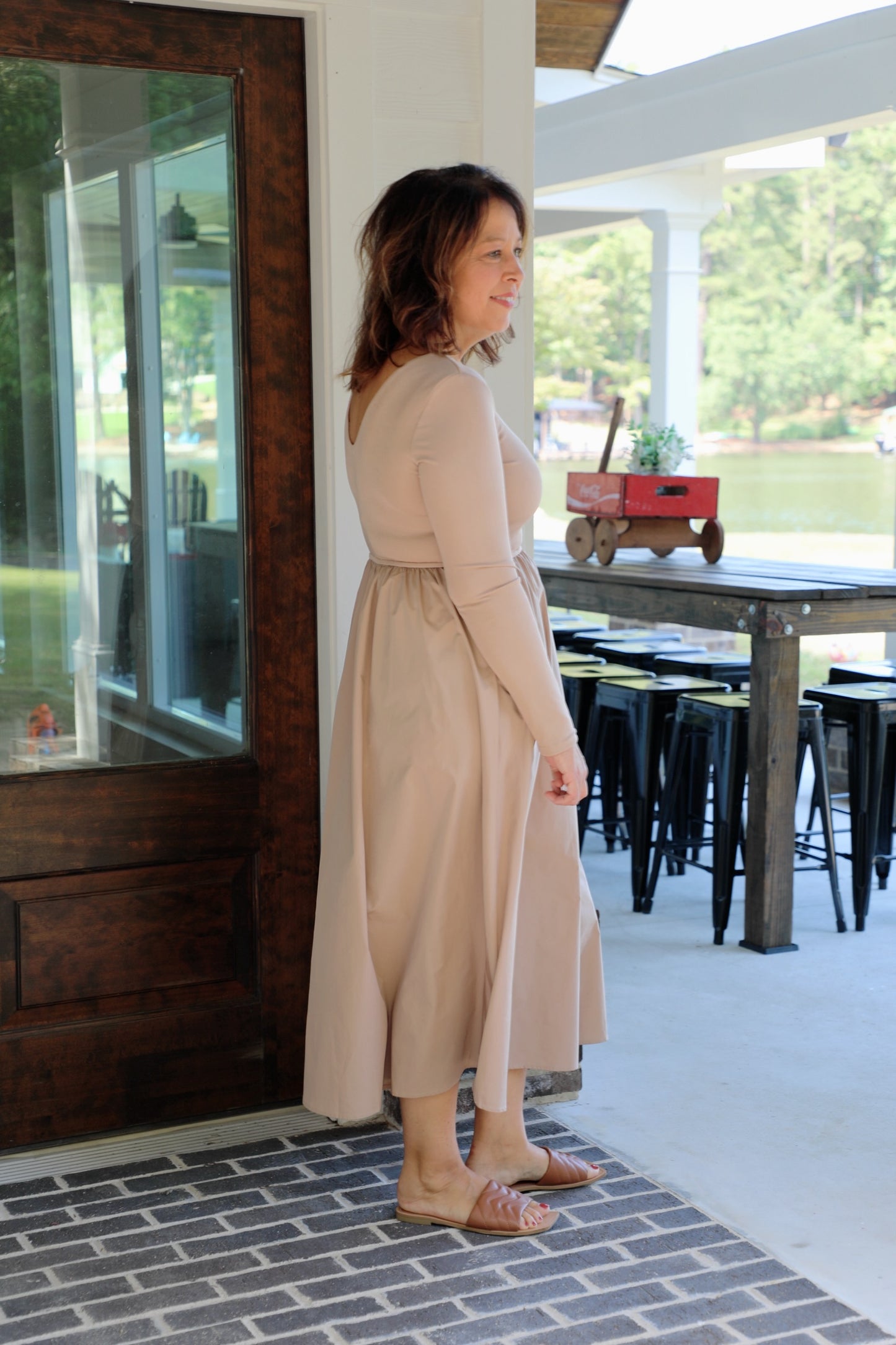 Knit and Satin Long Sleeve Midi Dress