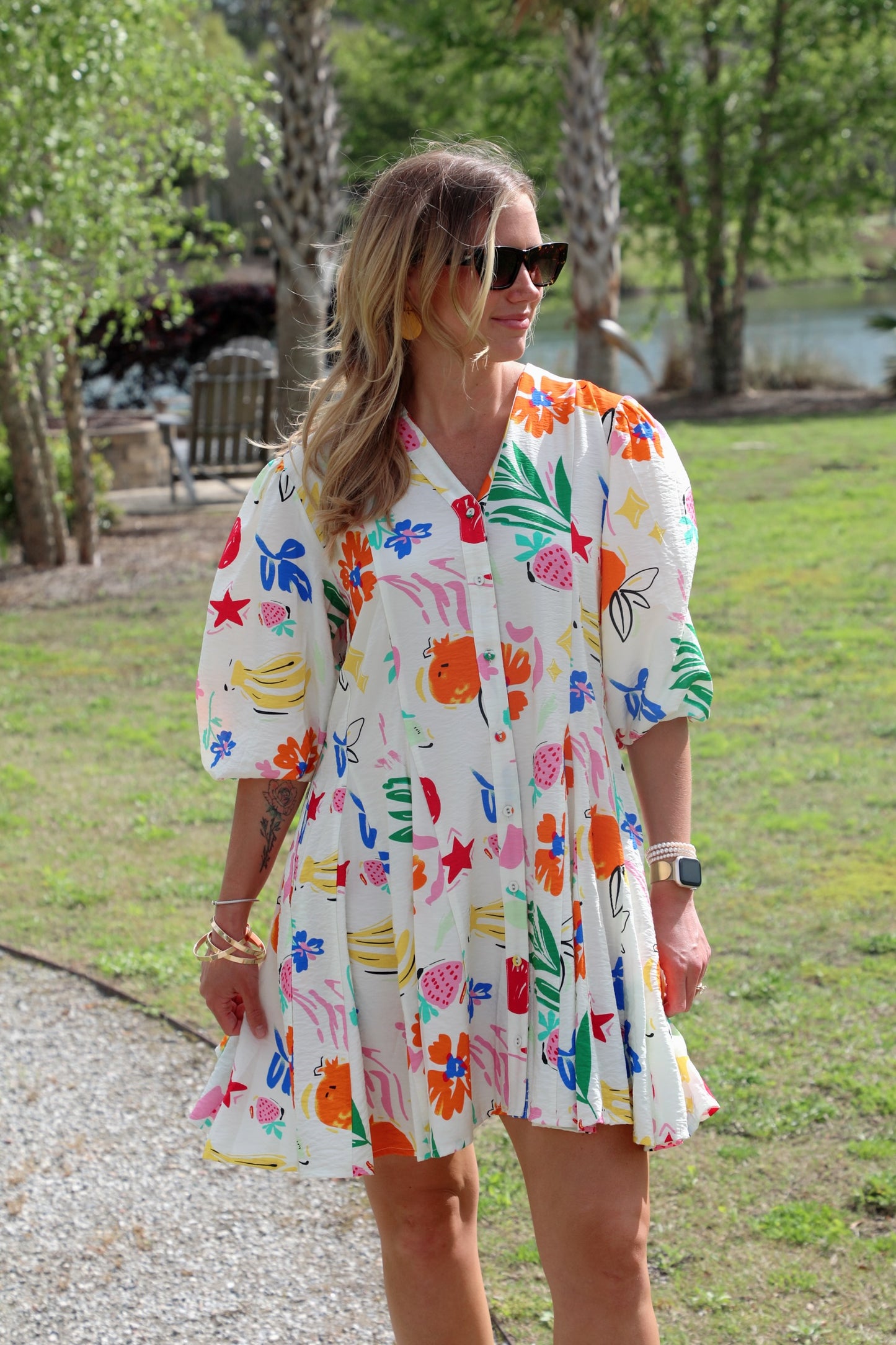 Printed V-Neck 3/4 Sleeve Shirt Dress with Flared Skirt