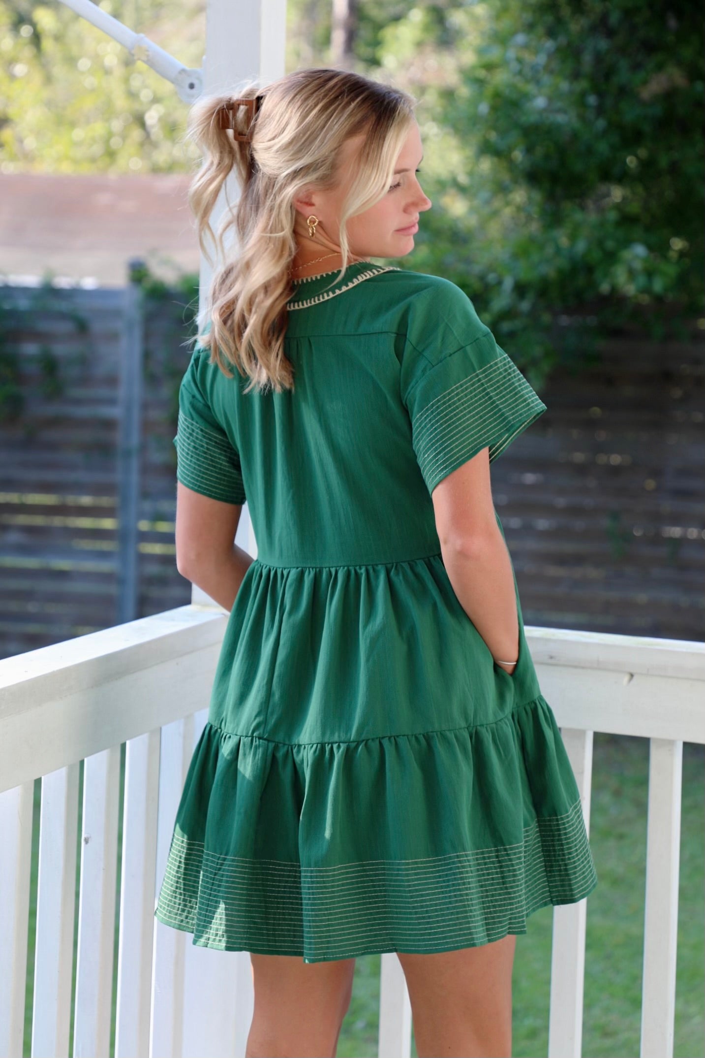 Green Tiered Dress With Tan Trim
