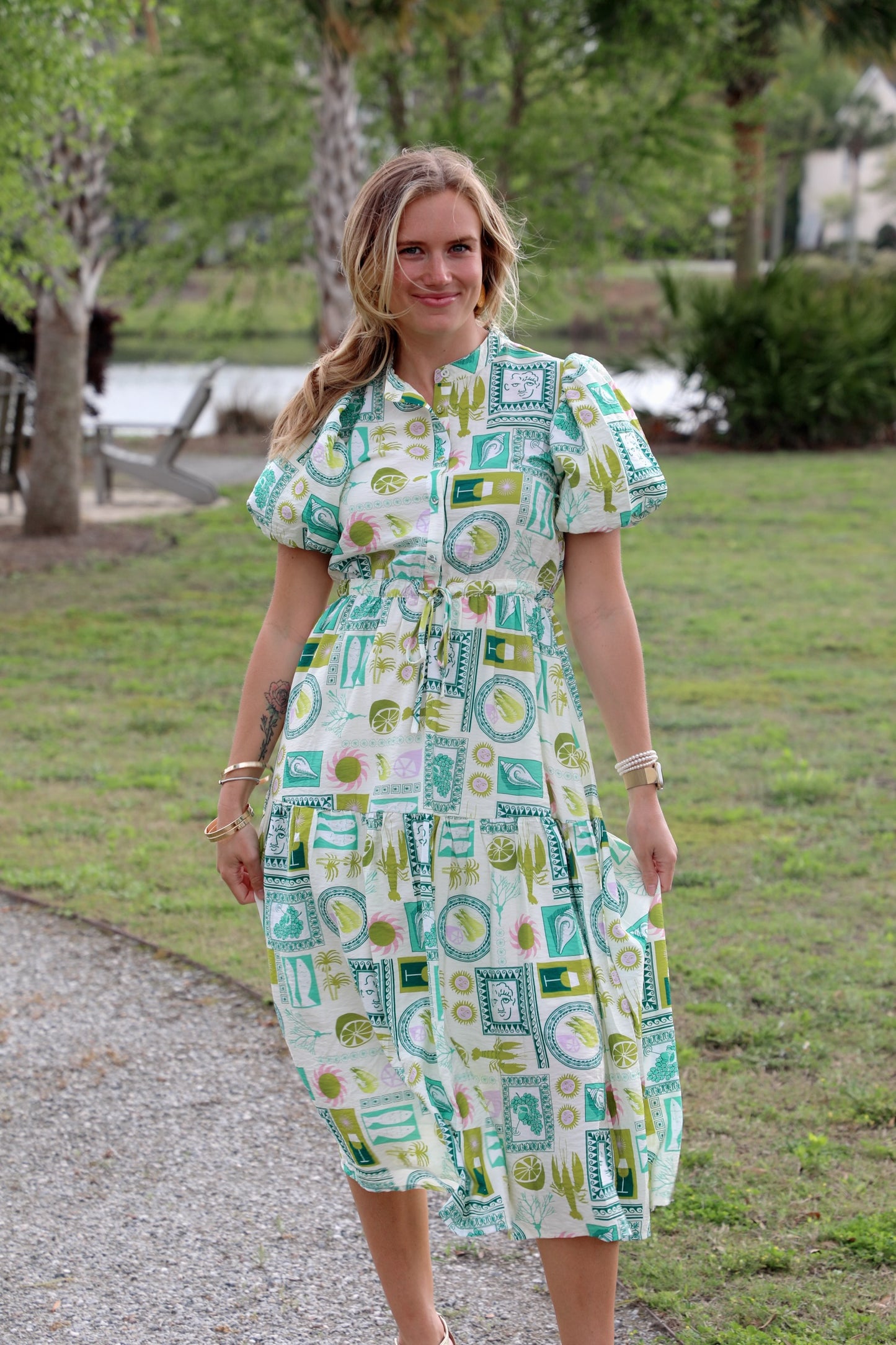 Printed Short Puff Sleeve Midi Dress with a Waist Tie