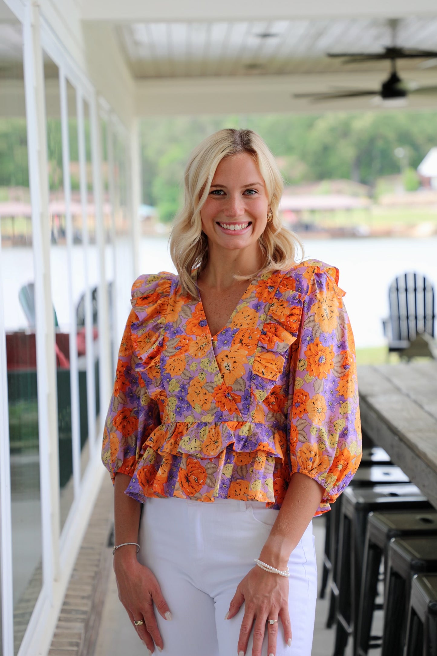 Floral 3/4 Sleeve Ruffle Top