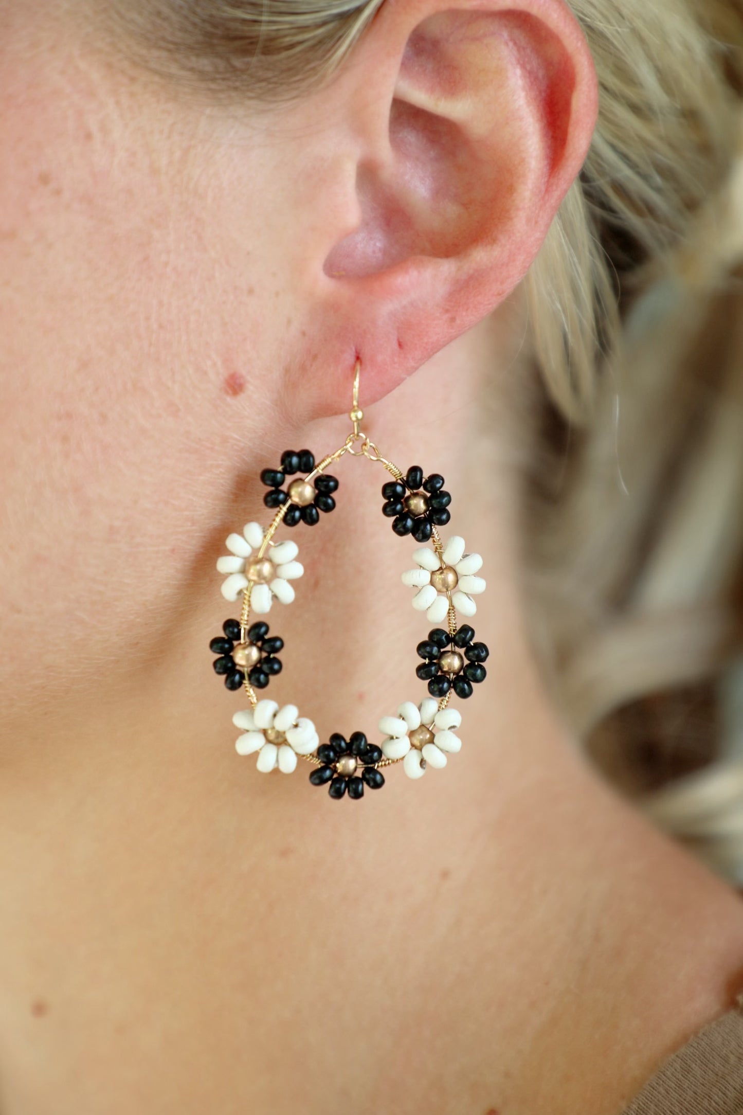 Gold Dangle Hoop Flower Beaded Earrings
