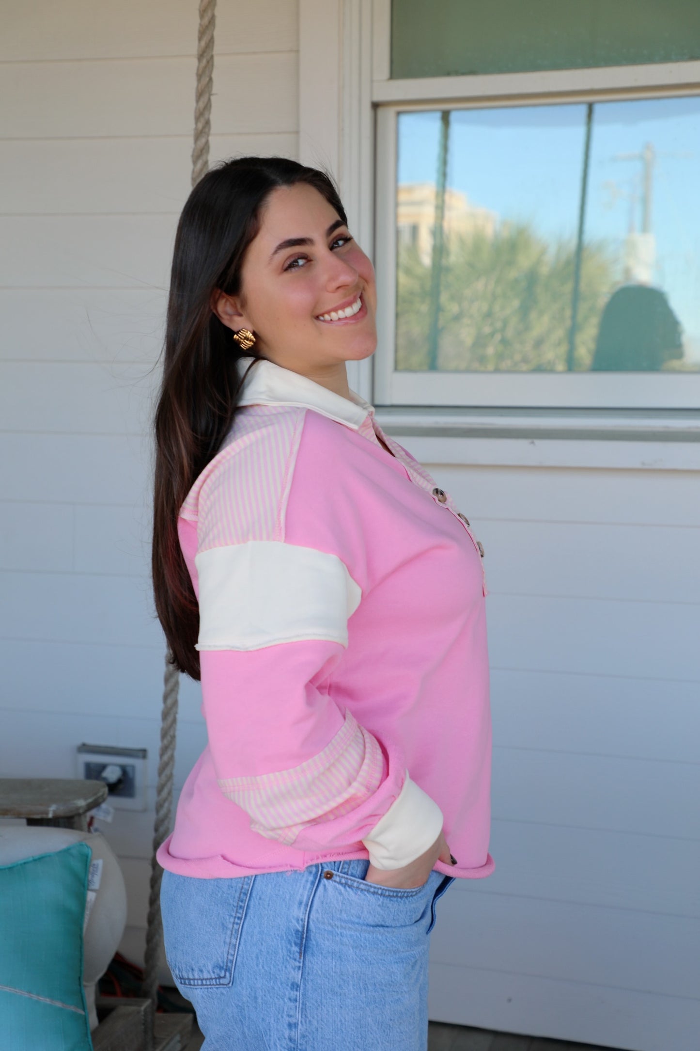 Colorblock Collared Henley Pullover