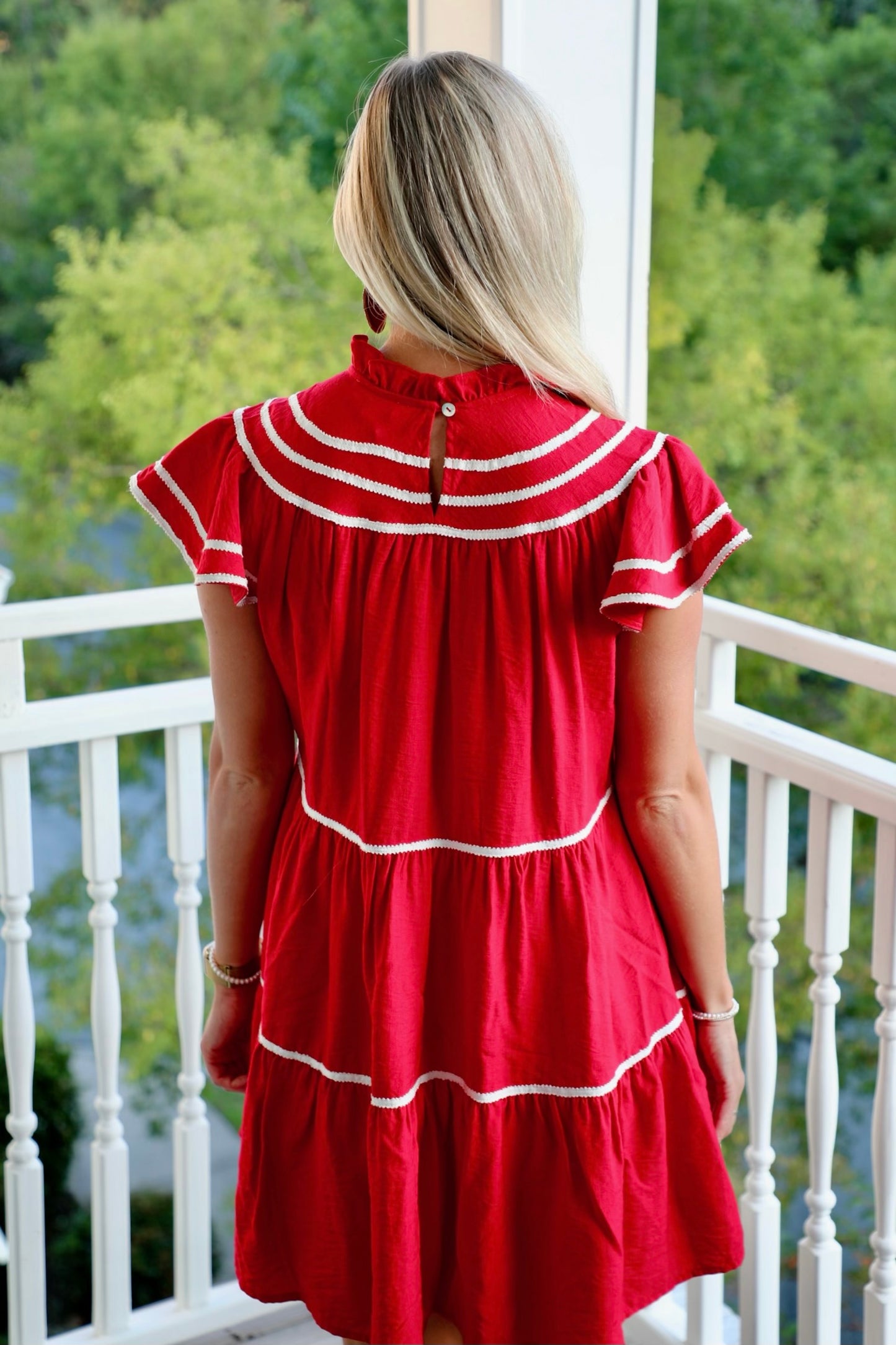 Tiered Flutter Sleeve Dress with Lace Trim