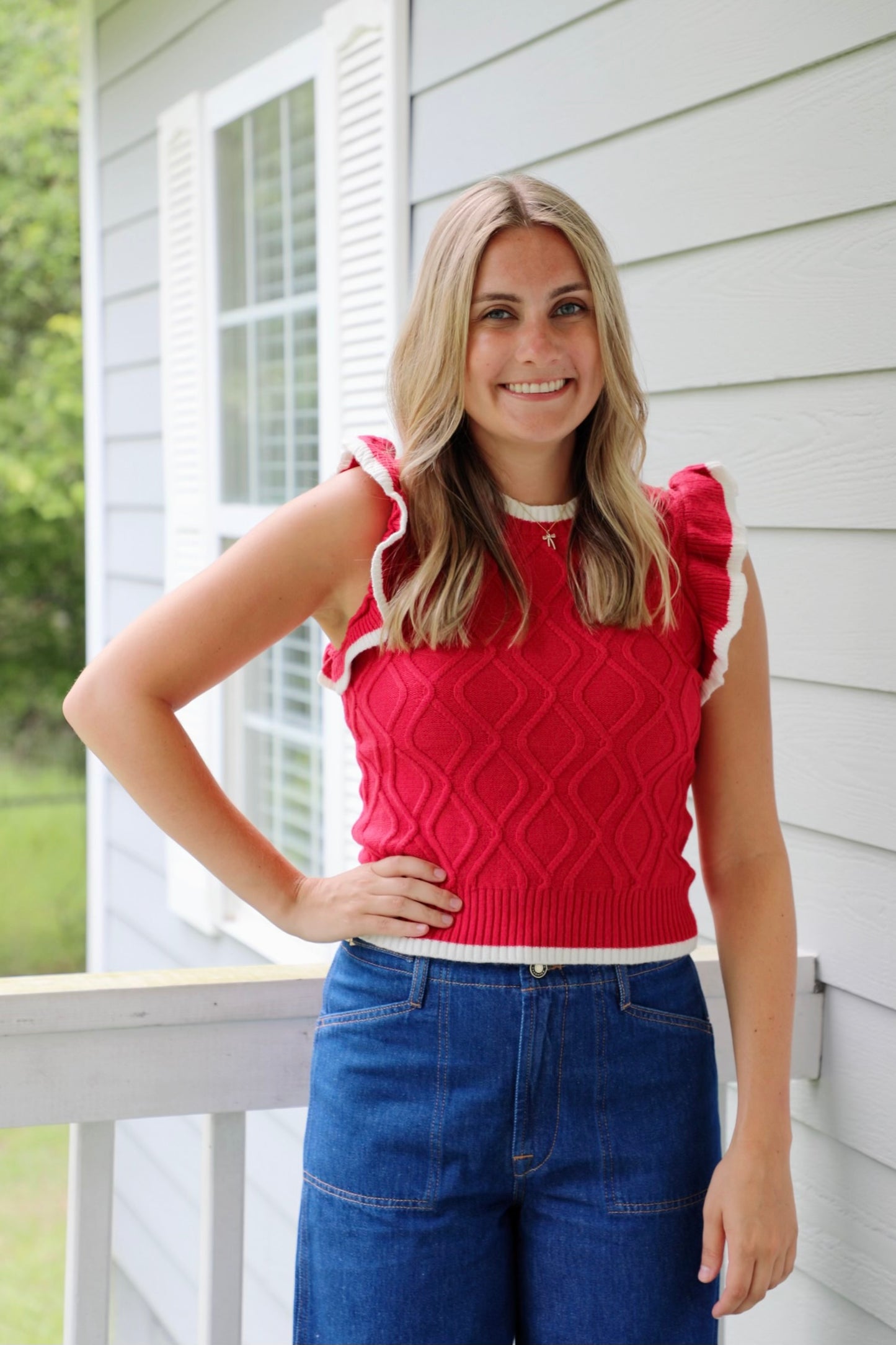 Game Day Ruffle Sleeve Cable Sweater Top