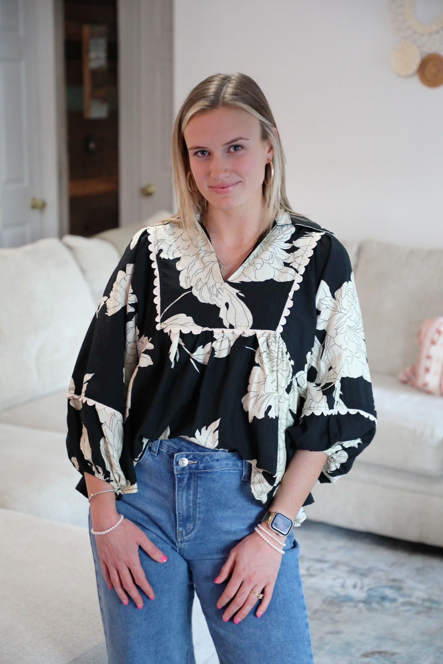 Black Floral Print V Neck Top
