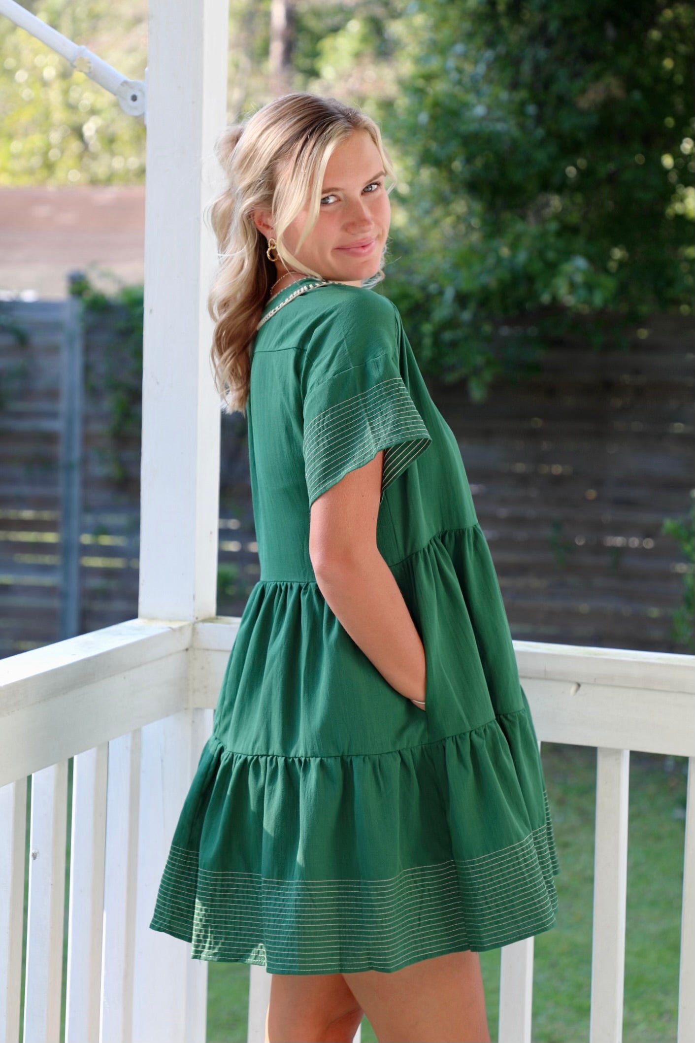 Green Tiered Dress With Tan Trim