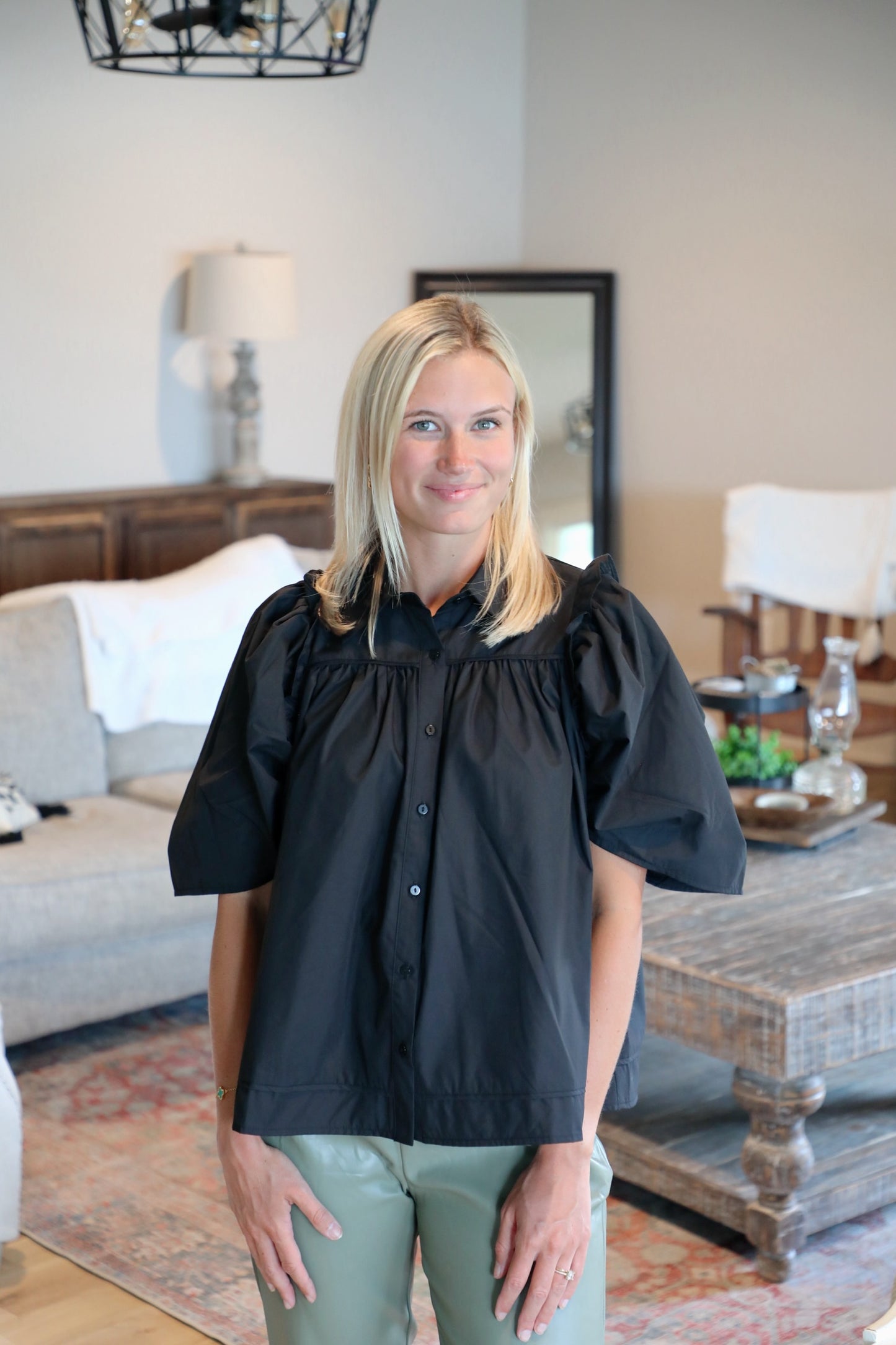 Solid Button Up Half Sleeve Top