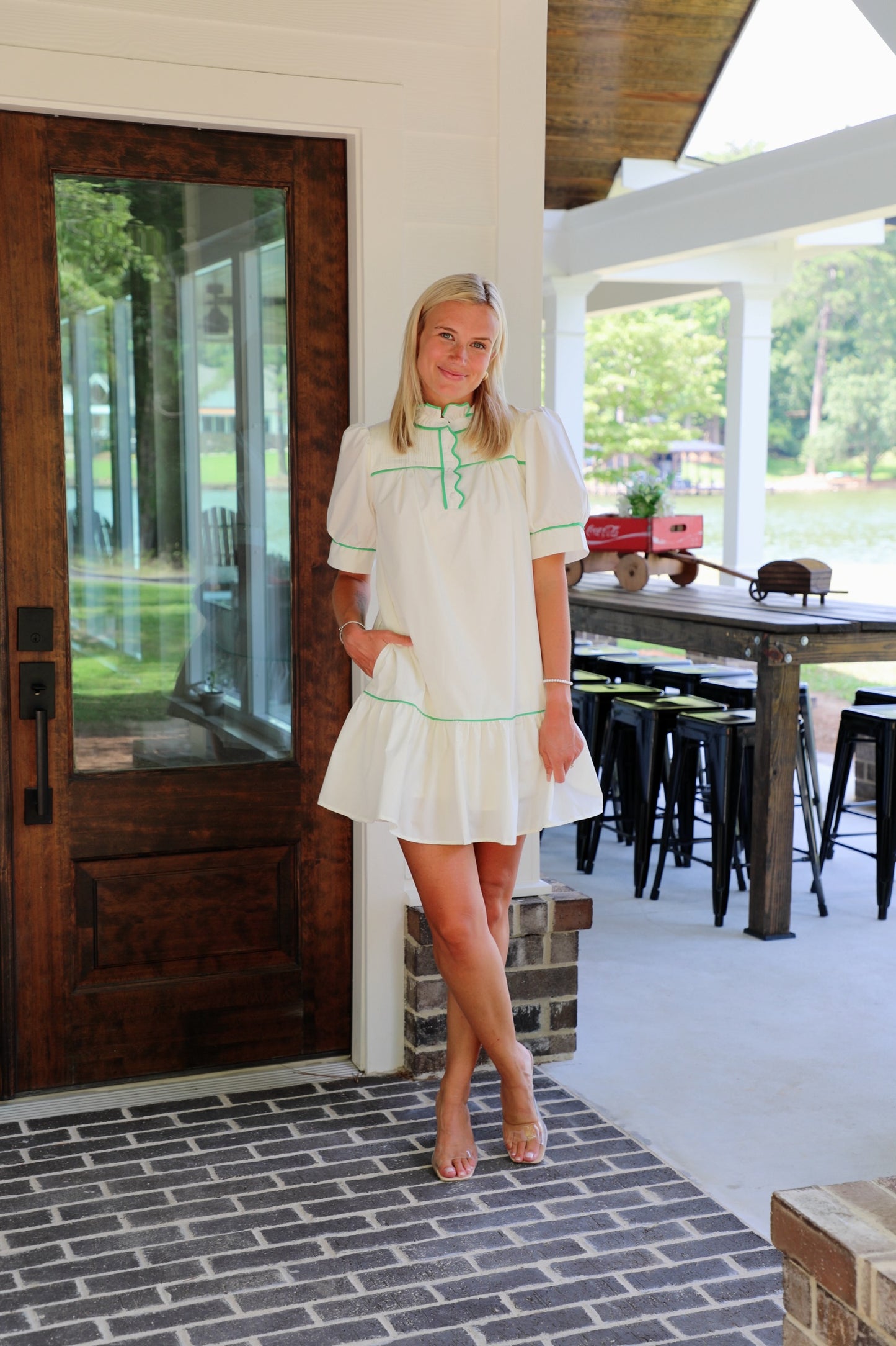 Solid Short Sleeve High Neck Mini Dress Featuring Font Button Up Detail