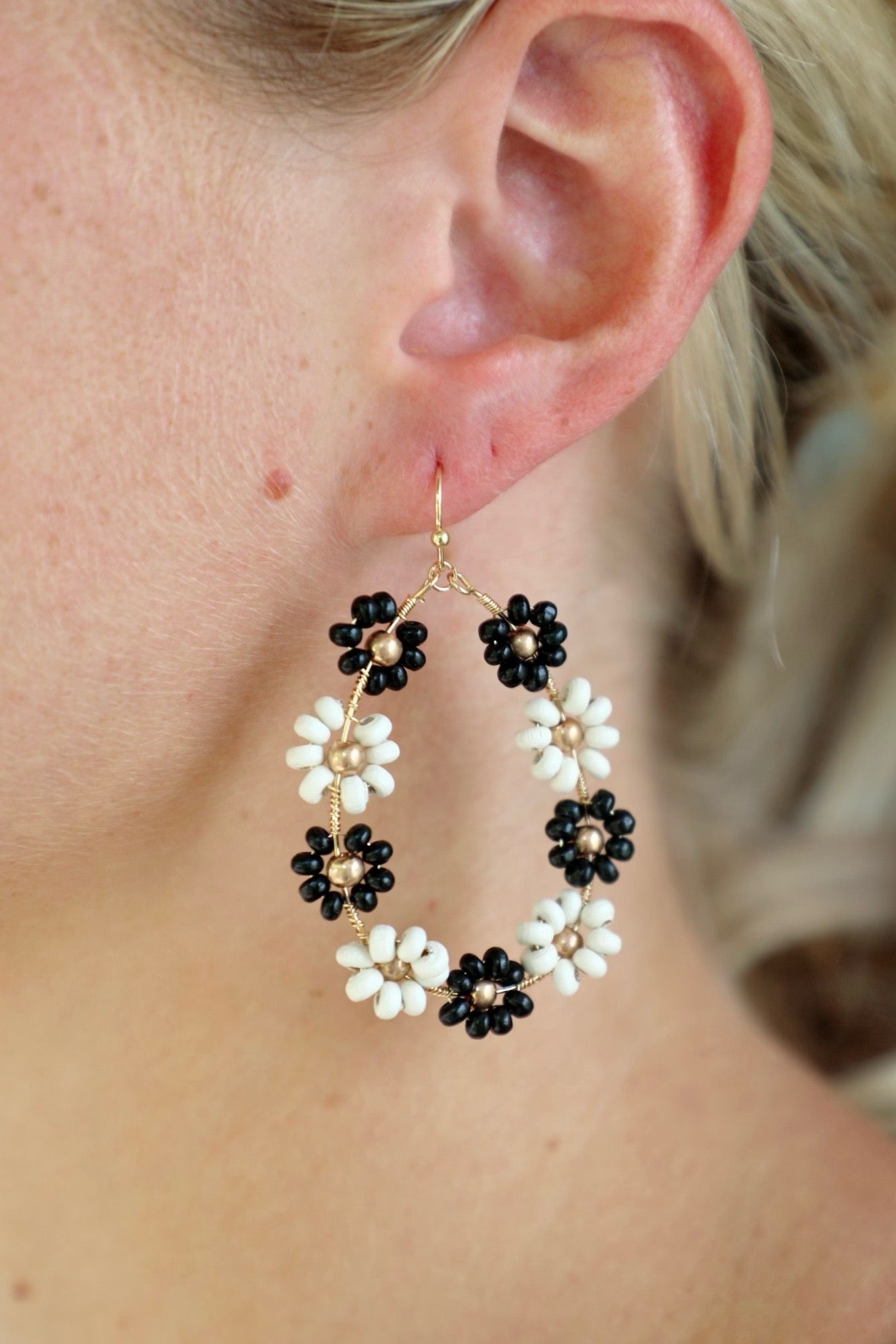 Gold Dangle Hoop Flower Beaded Earrings