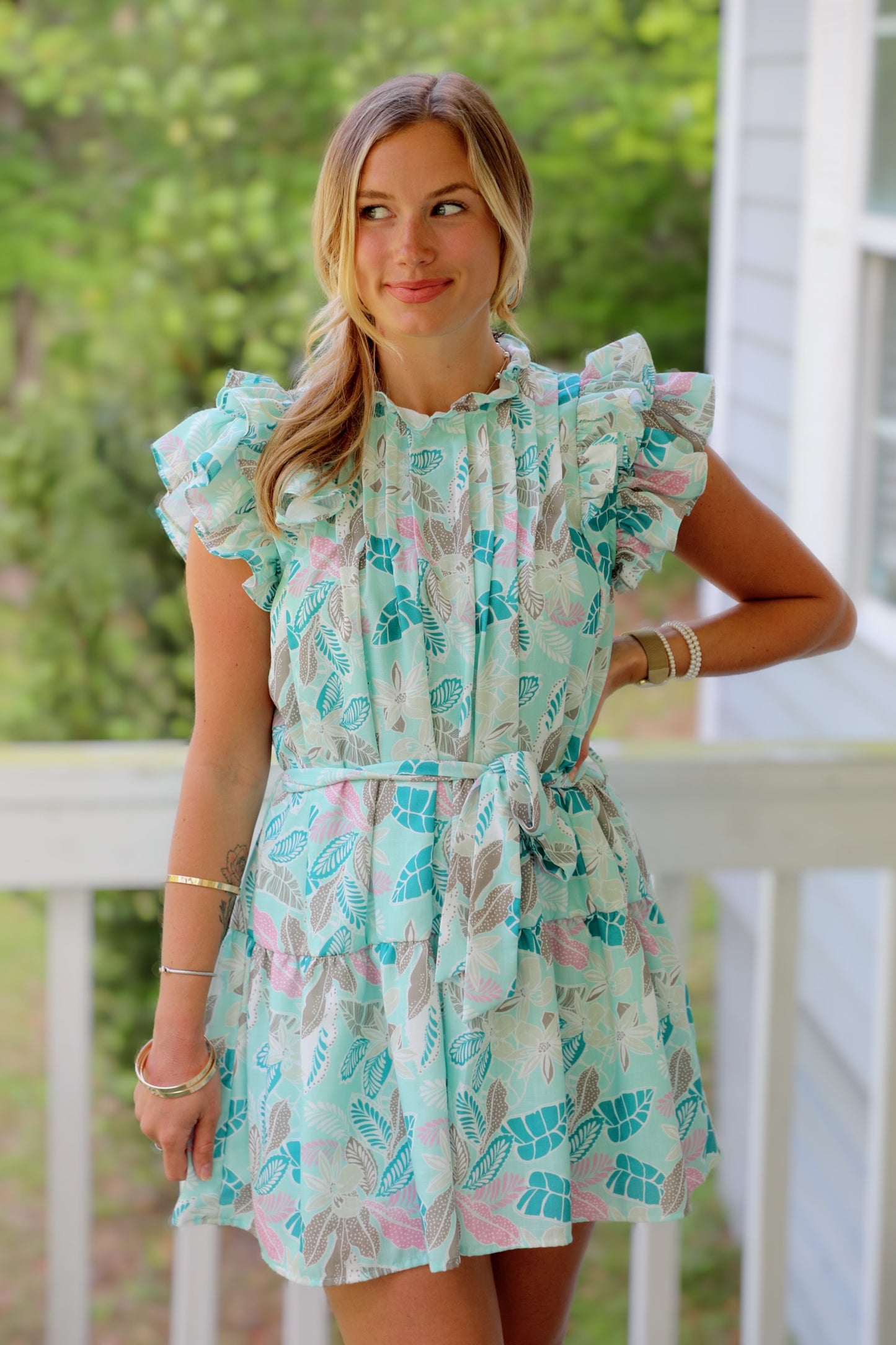 Flutter Sleeve Mini Dress with Waist Tie