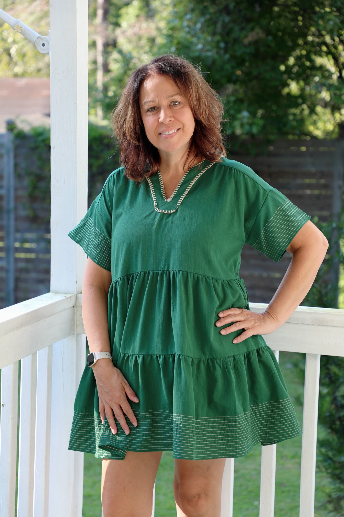 Green Tiered Dress With Tan Trim